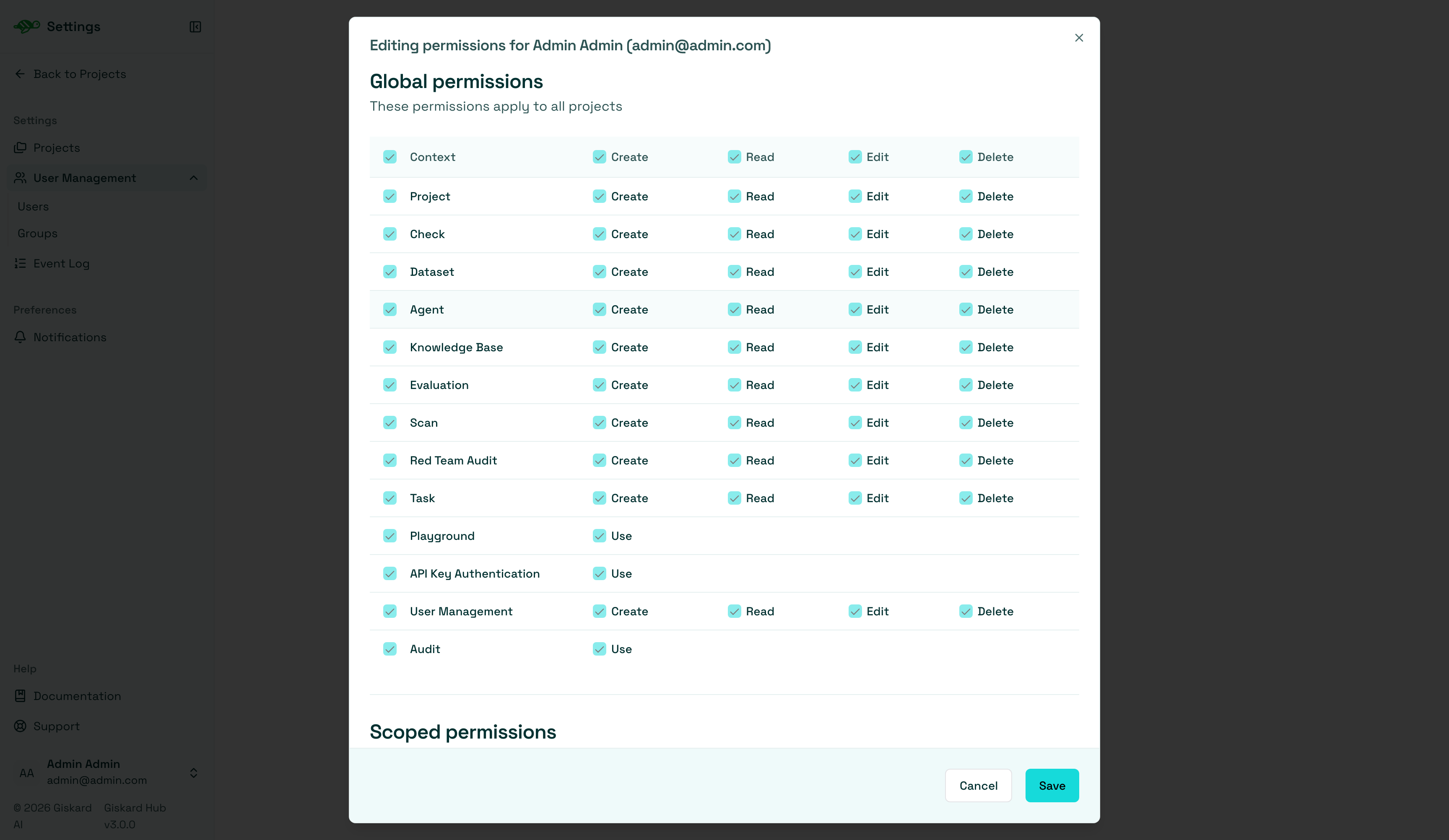 Global permissions grid in the Edit permissions dialog