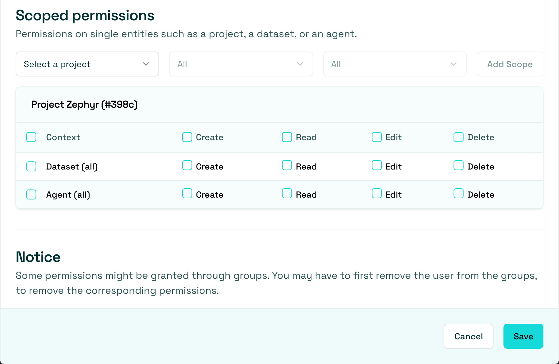 Scoped permissions in the Edit permissions dialog