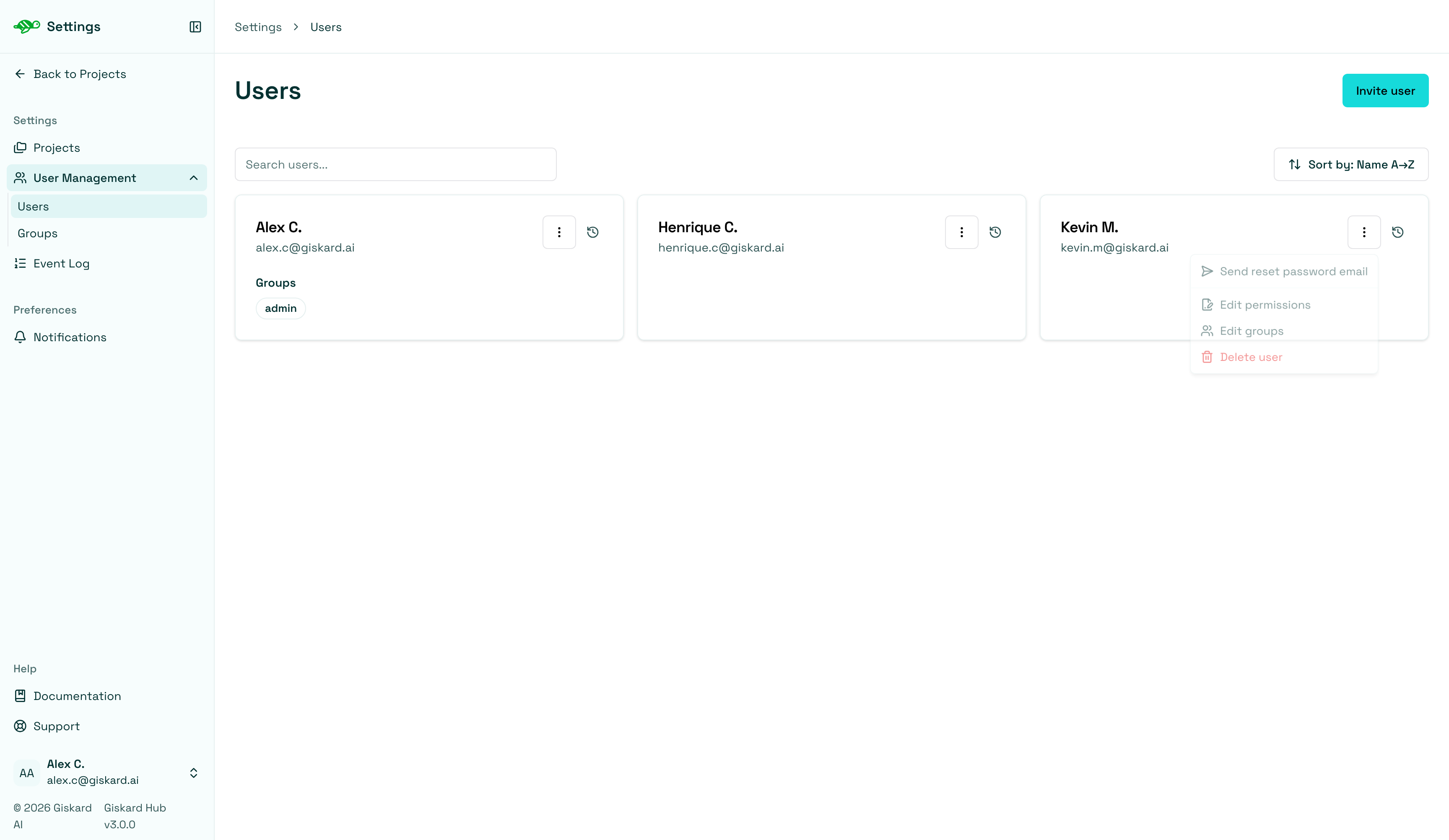 User list with the overflow menu open on Edit groups