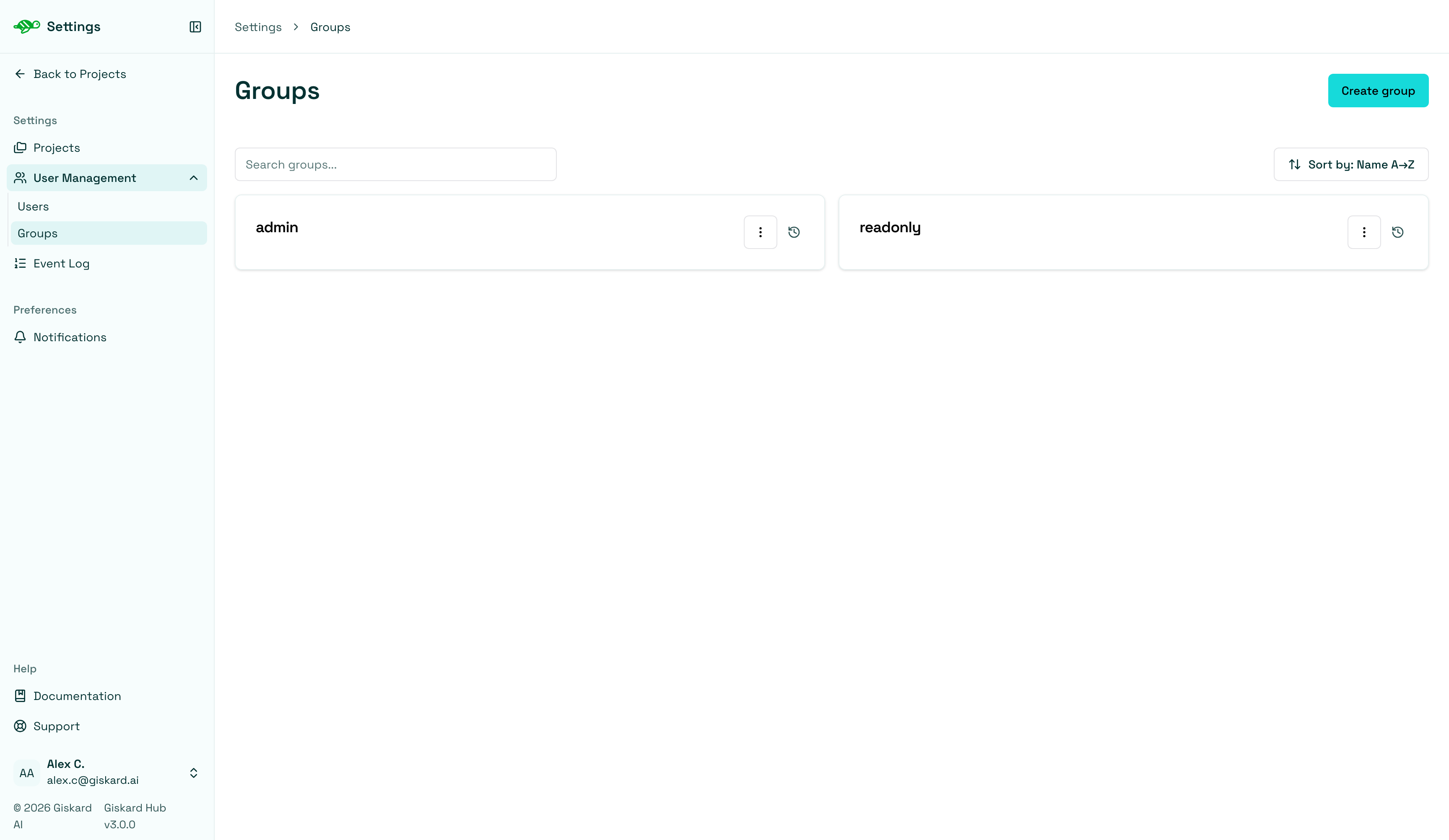 Groups settings page with the Create group button and group cards