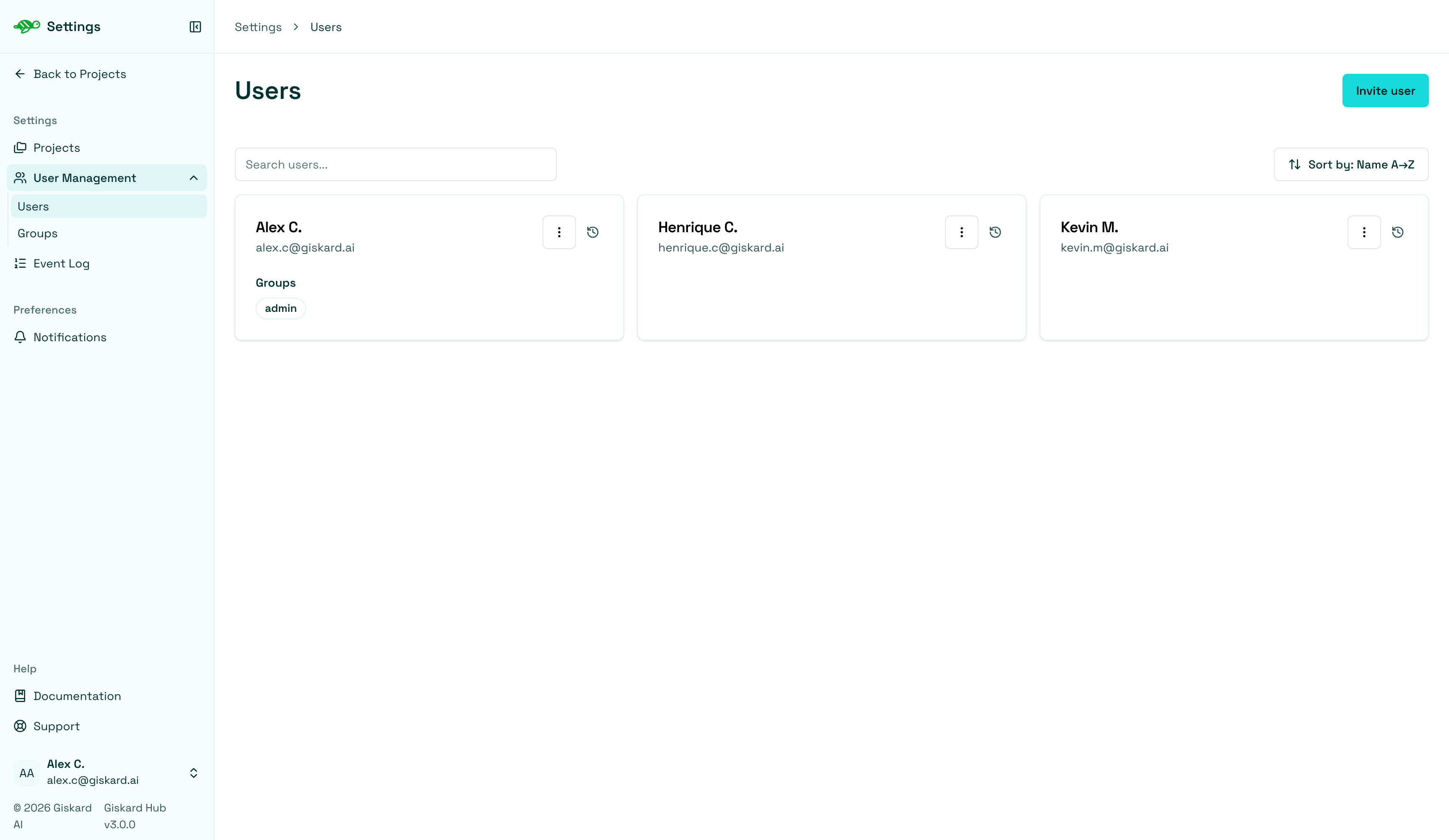 Users settings page with the Invite user button and user cards