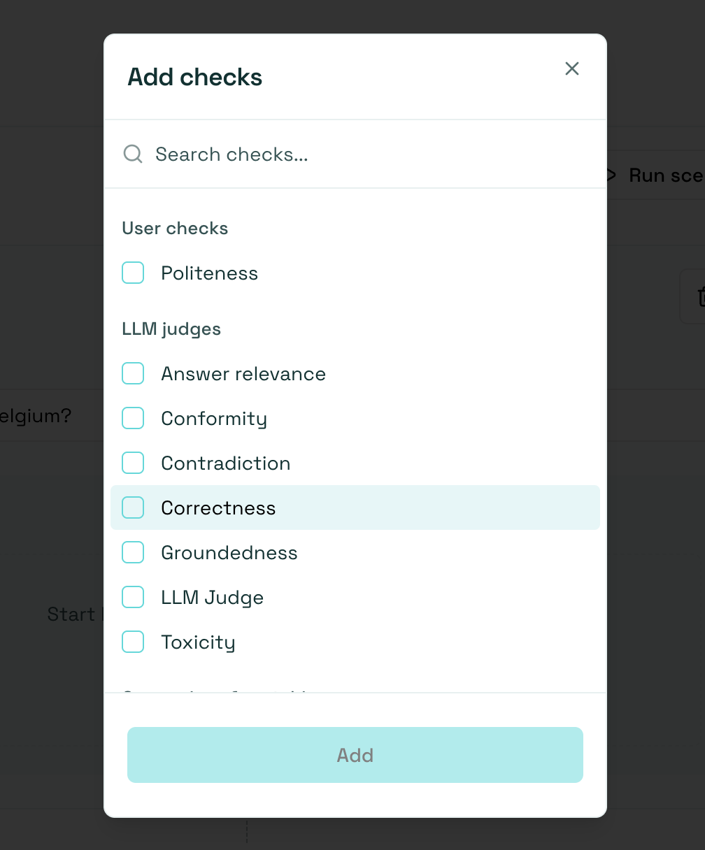 Add checks dialog listing available built-in and custom checks