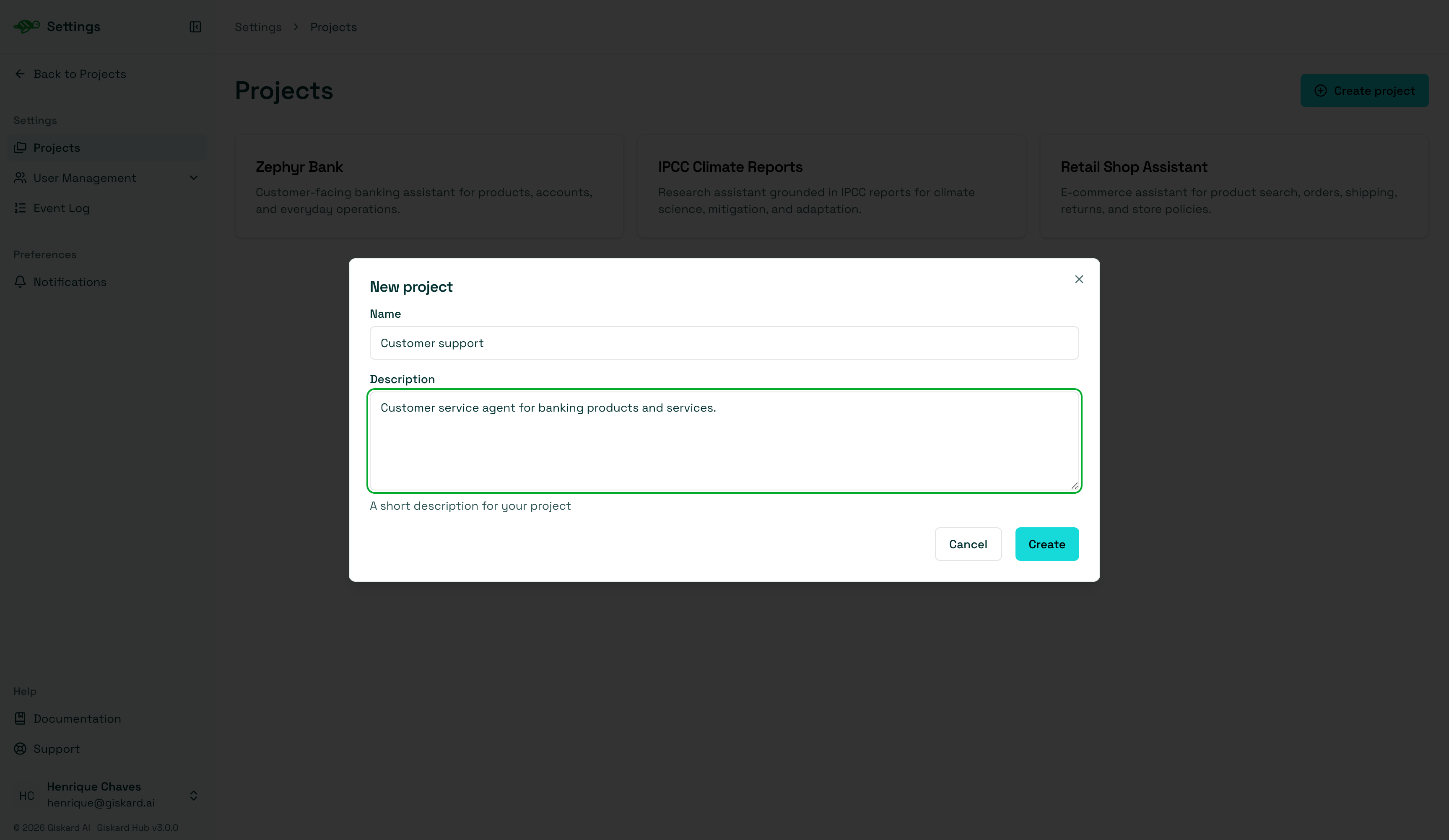 Create project dialog with name and description fields