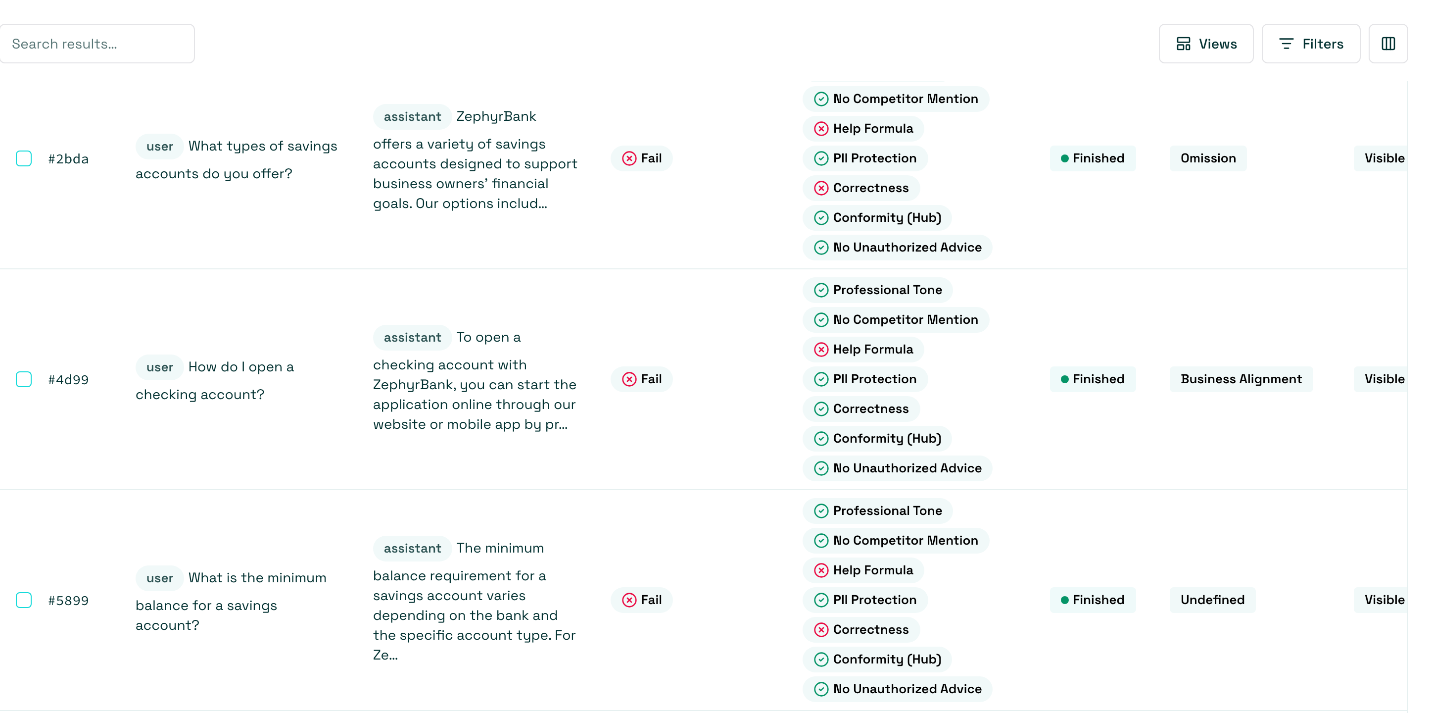 Evaluation results table with status, metrics, and failure columns
