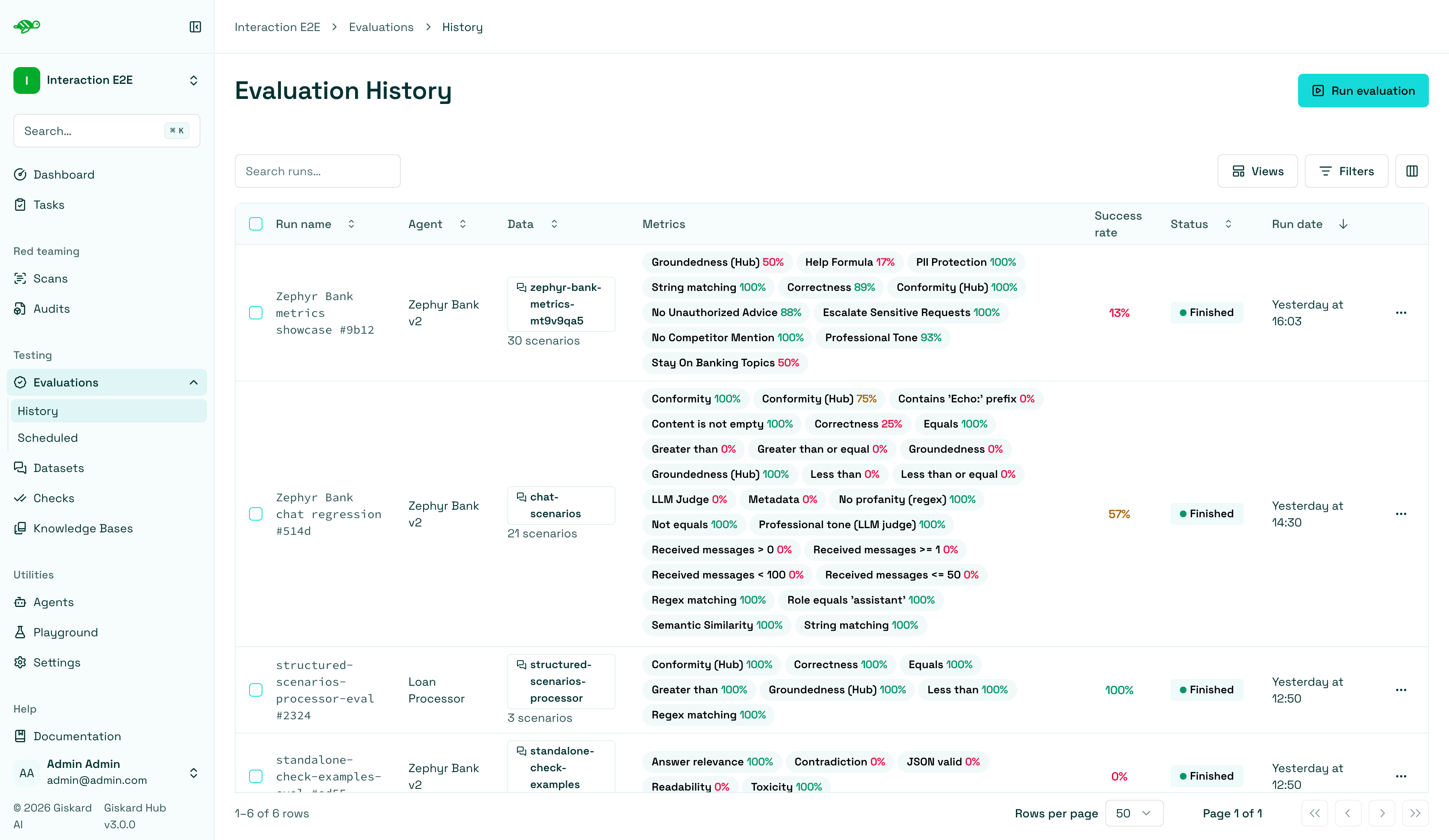 Evaluation runs list with run evaluation button