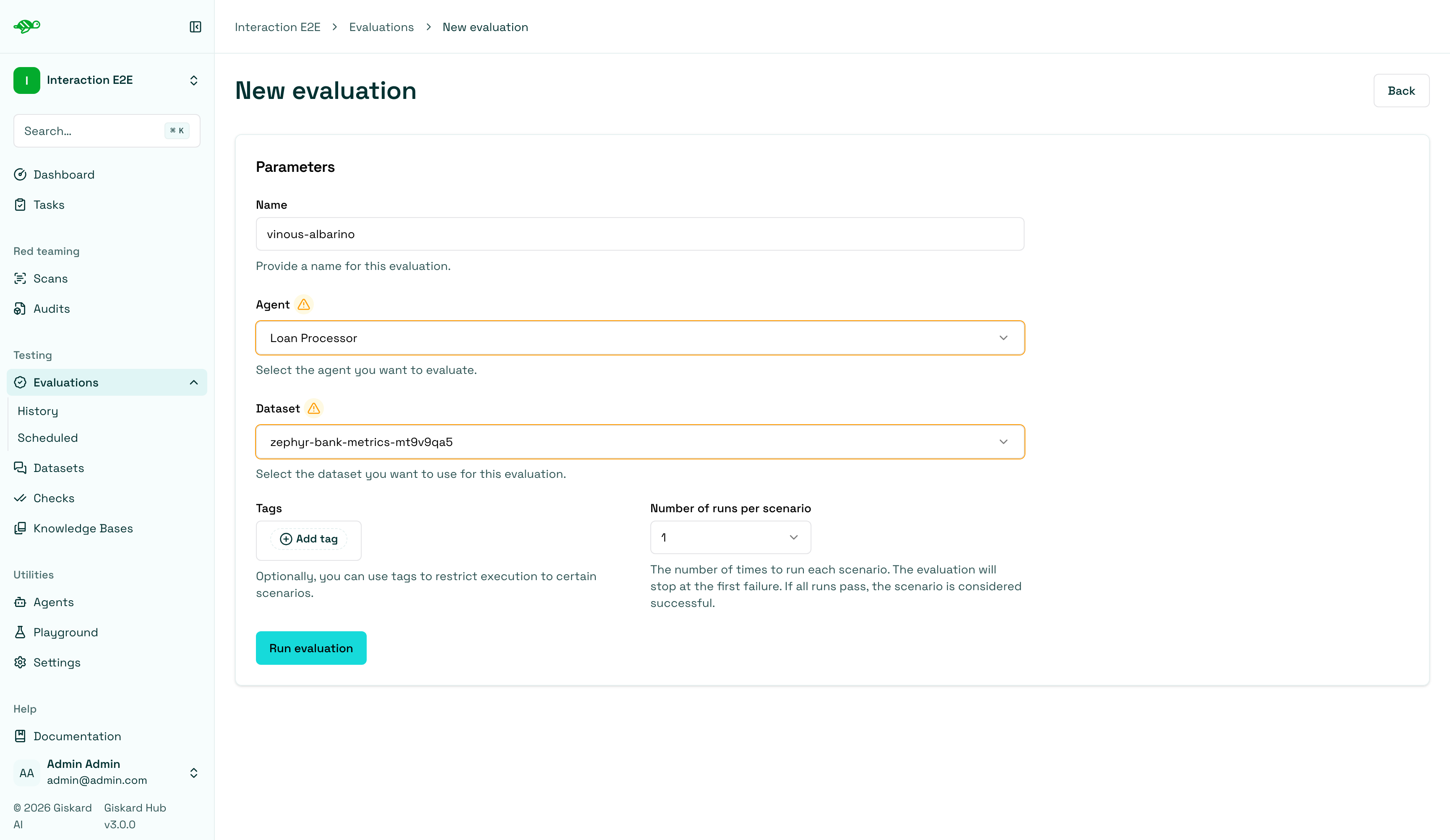 Evaluation configuration form with agent and dataset selection
