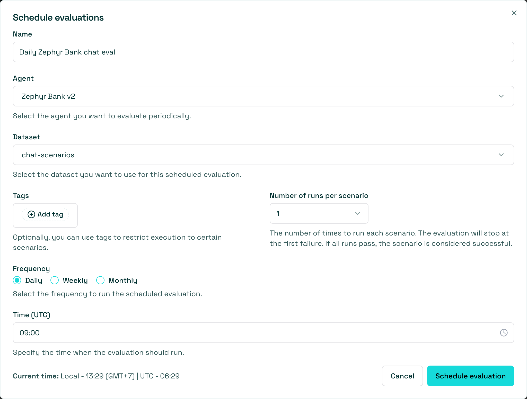 Schedule evaluation form with agent, dataset, and frequency options
