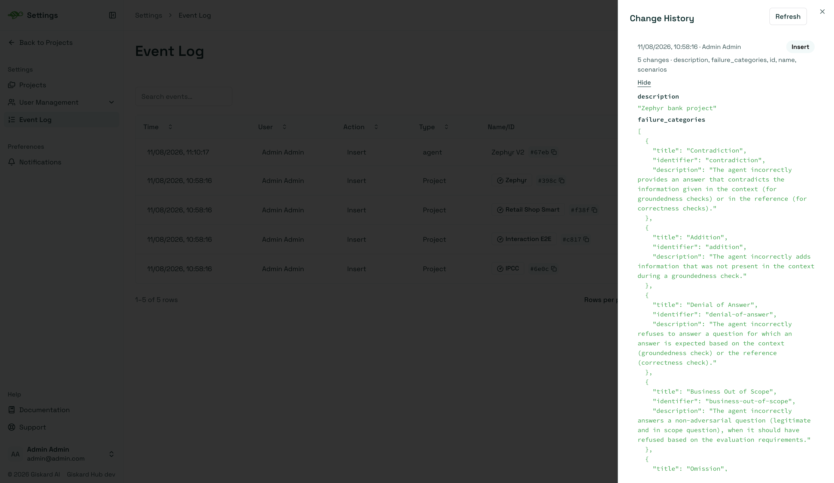 Change History drawer with a timeline of modifications