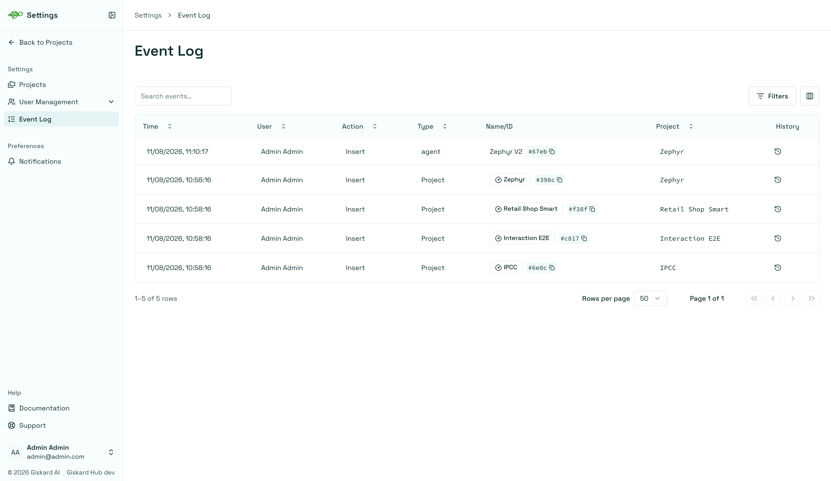 Event Log page showing tracked entity changes