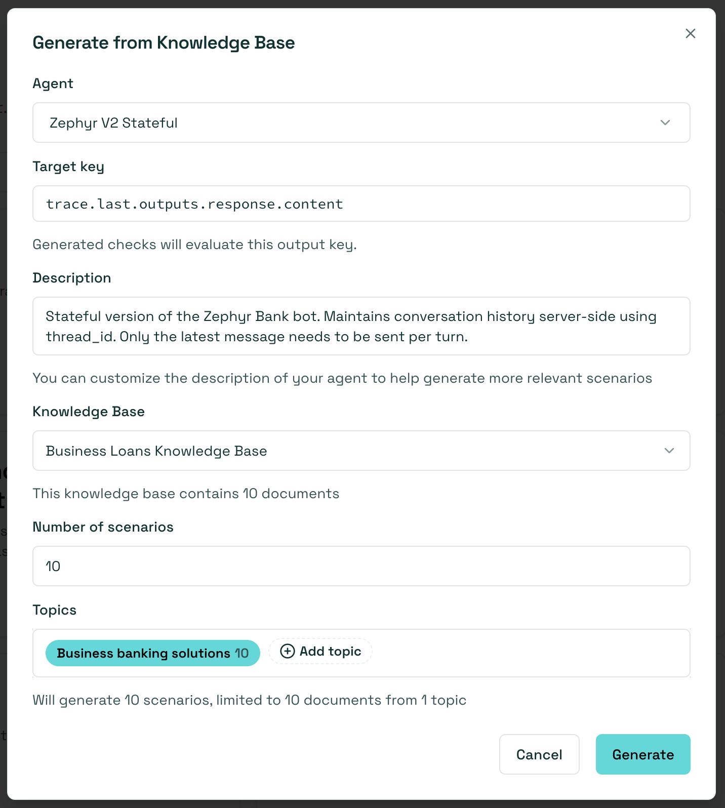 Knowledge base test generation form with topic selection