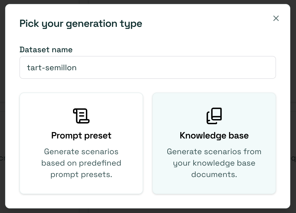 Dataset generation modal with knowledge base option selected