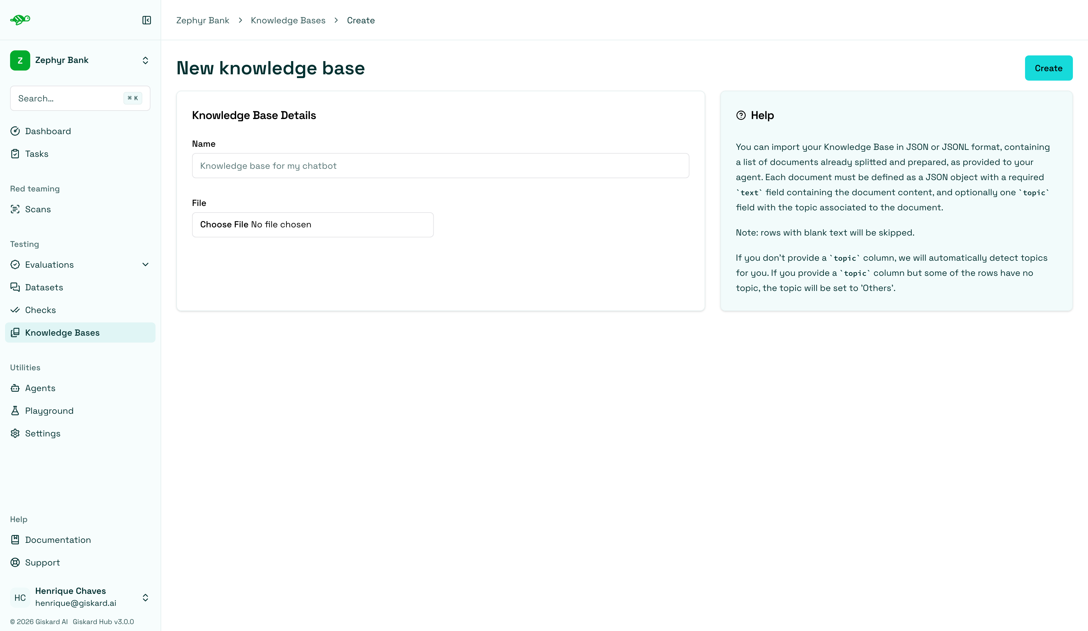 Knowledge base import form for JSON and JSONL files