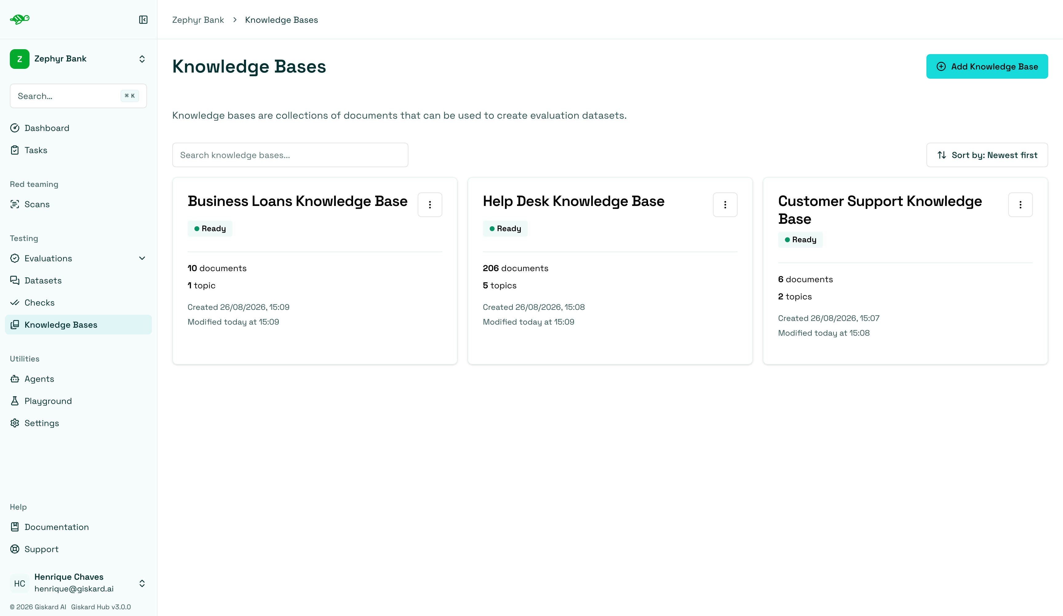 Knowledge base list with add knowledge base button