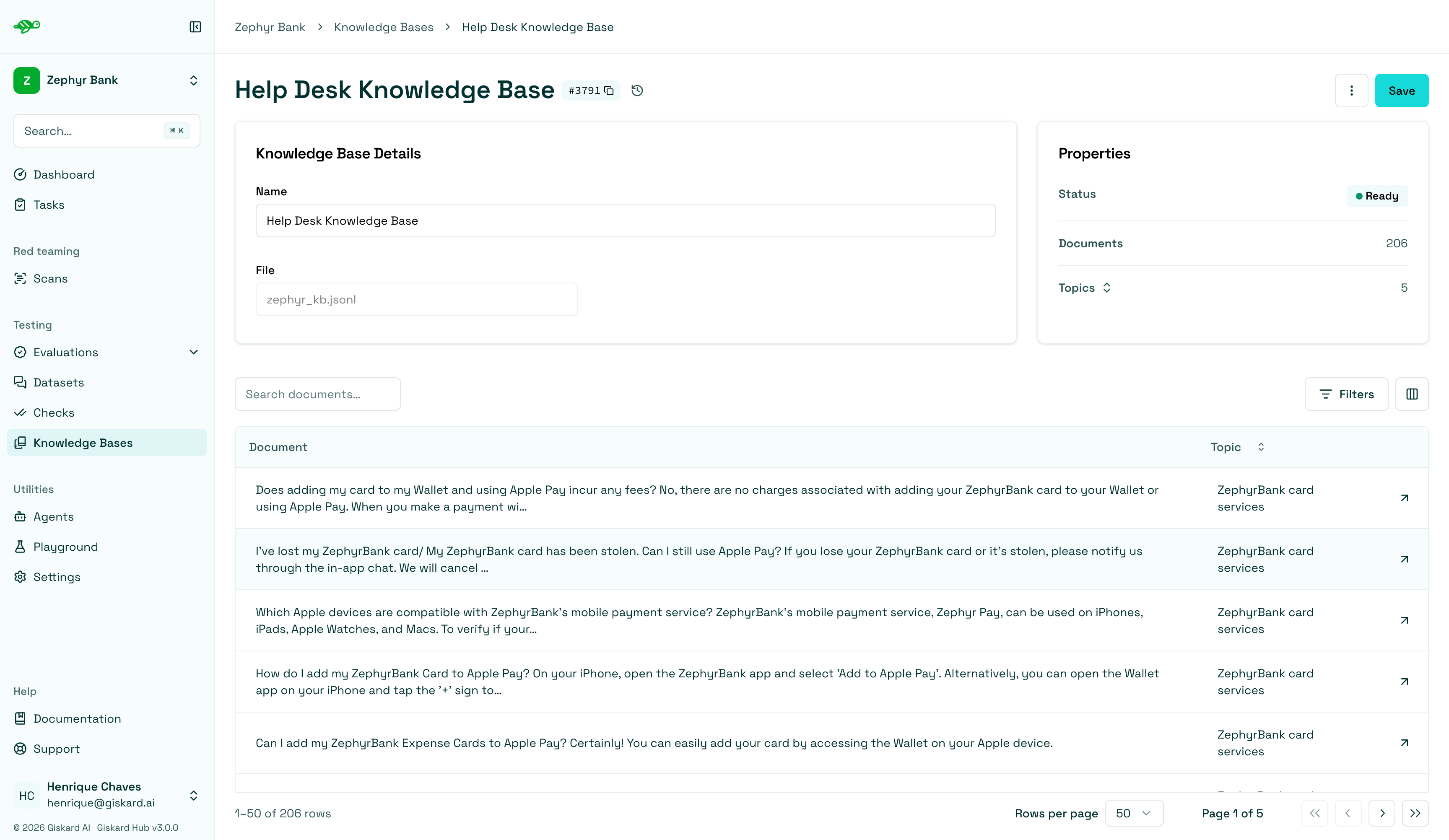 Imported knowledge base showing document count and topics