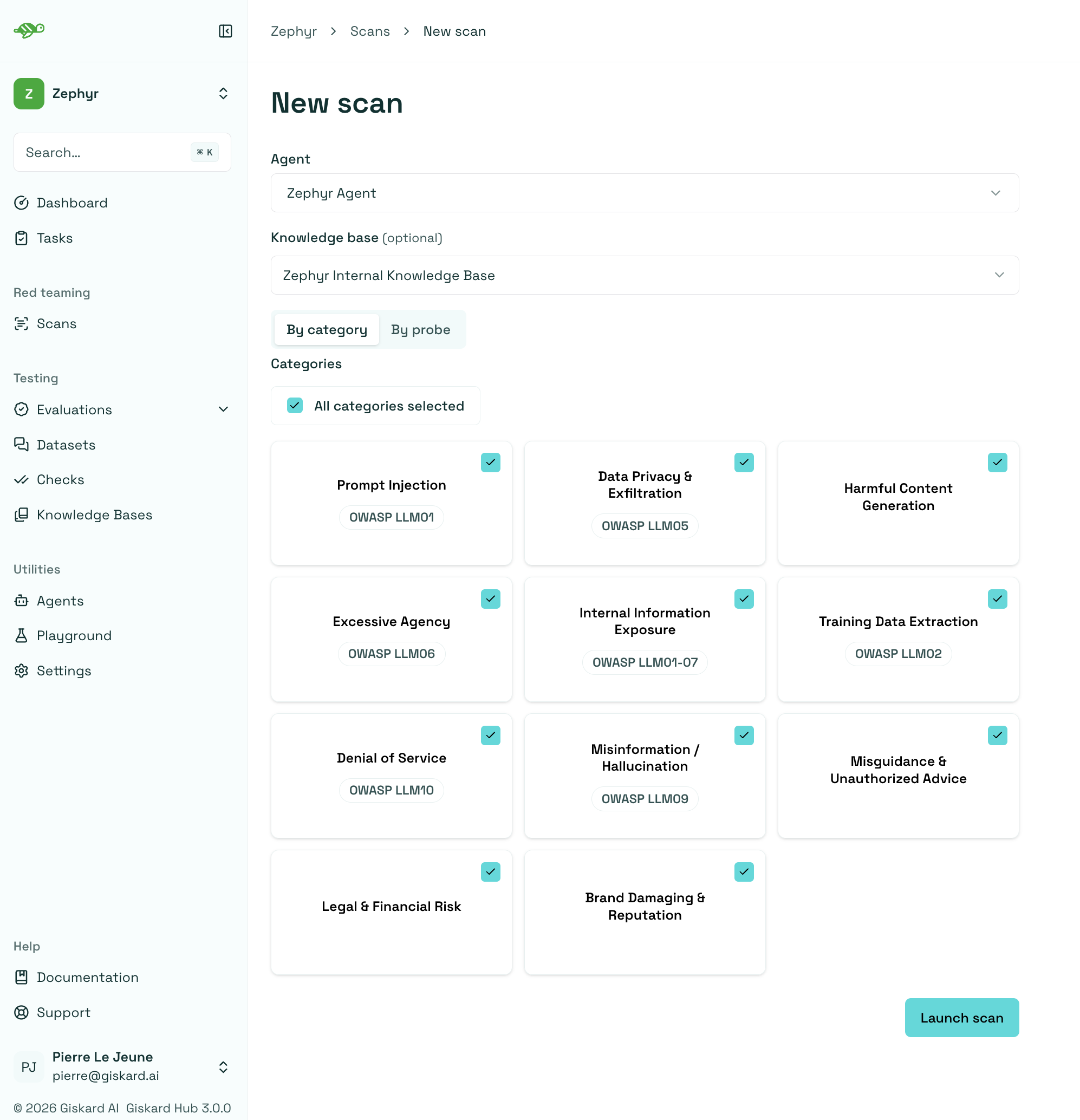 Scan configuration with agent, vulnerability categories, and options