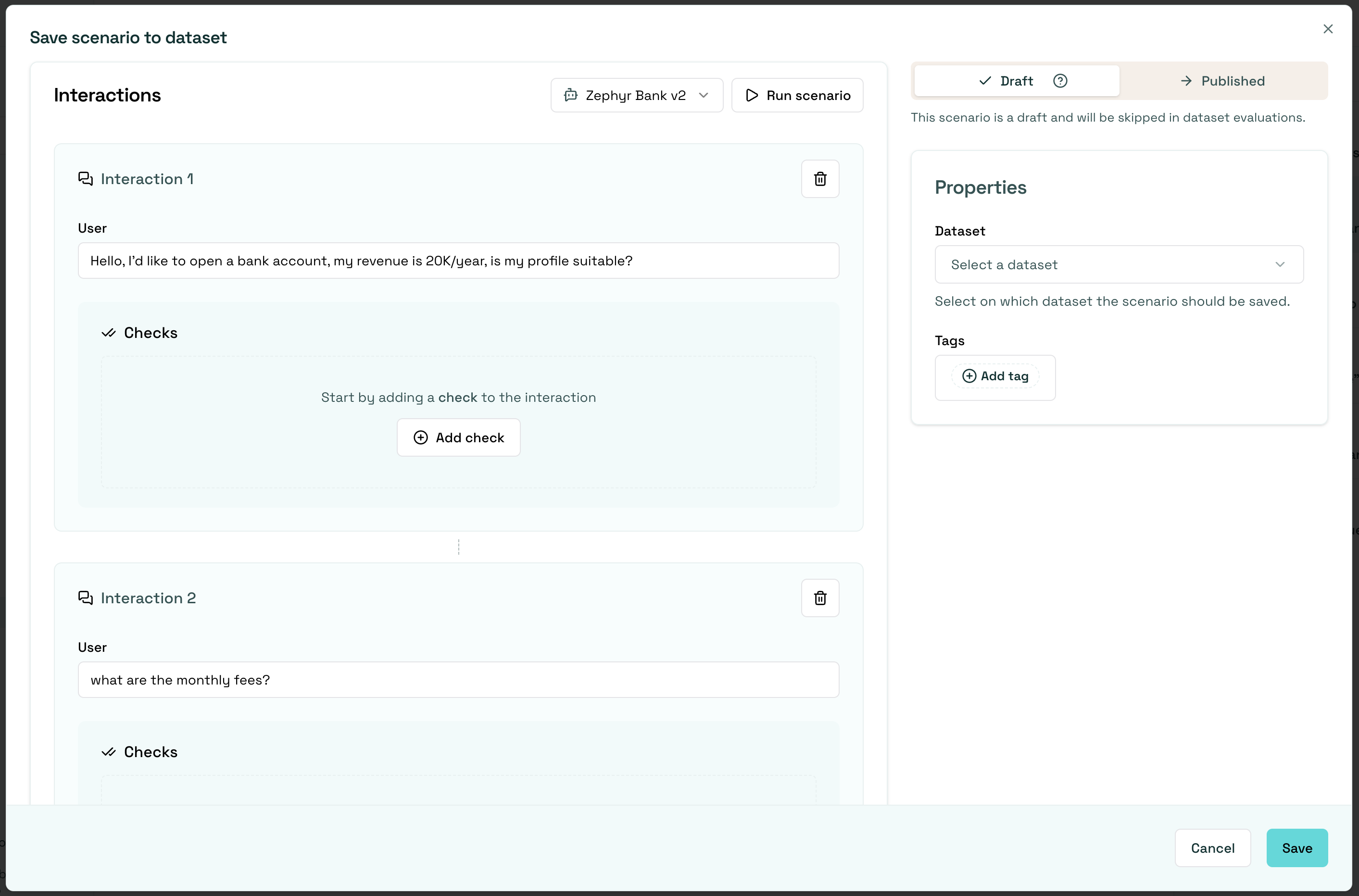 Save scenario to dataset dialog, with the interactions on the left and the dataset selector on the right