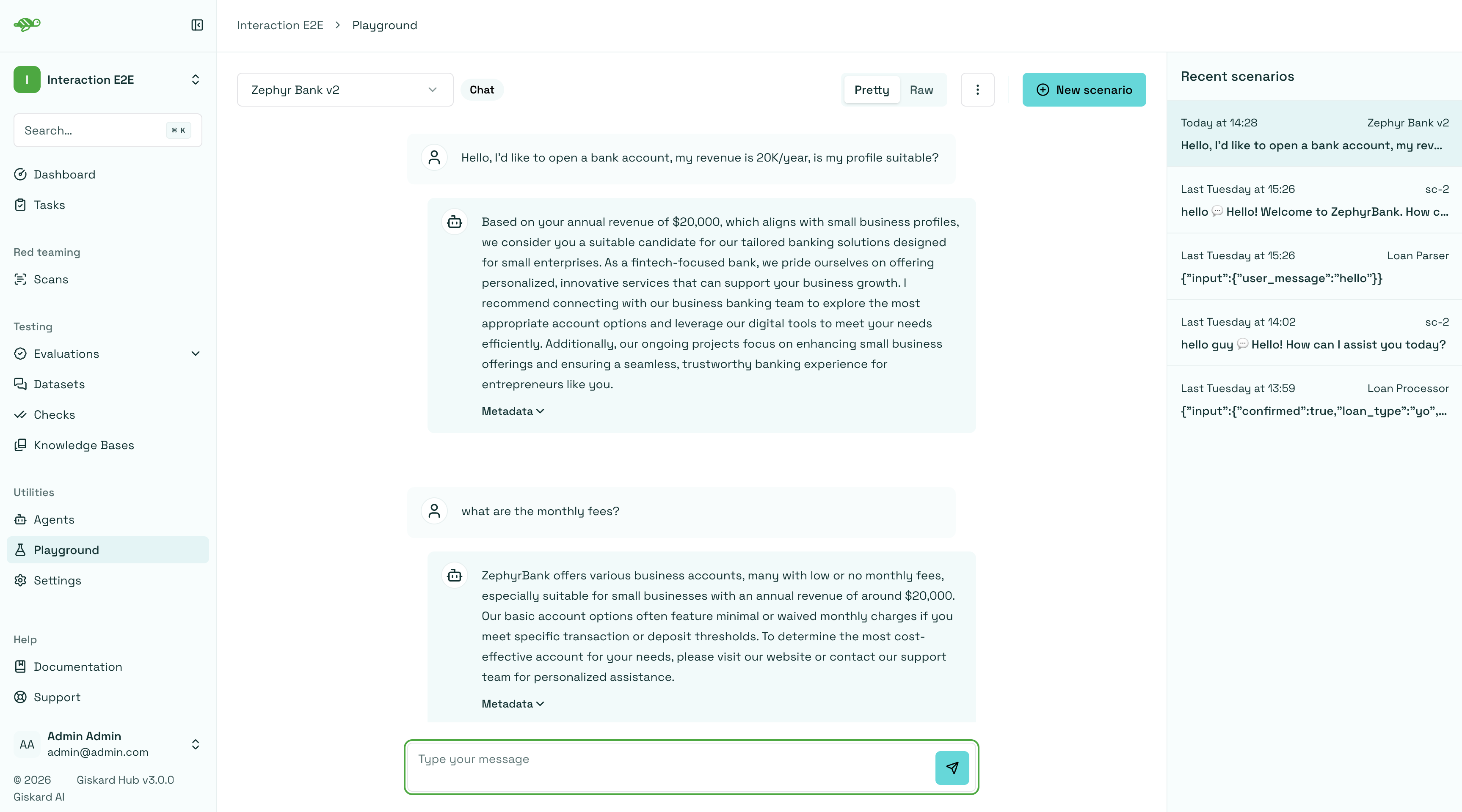 Red teaming playground chat interface for testing AI agents