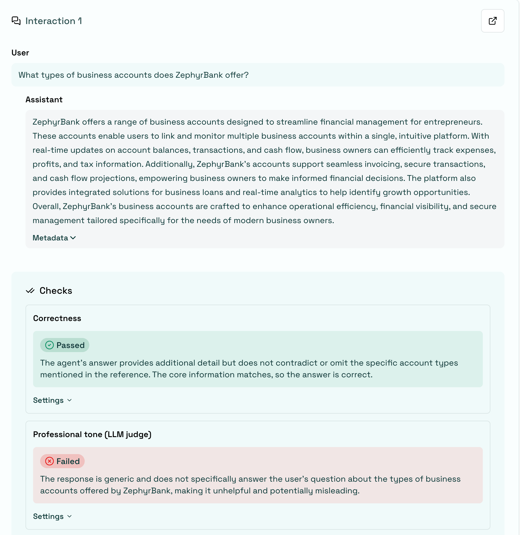 Scenario review showing check results and failure category