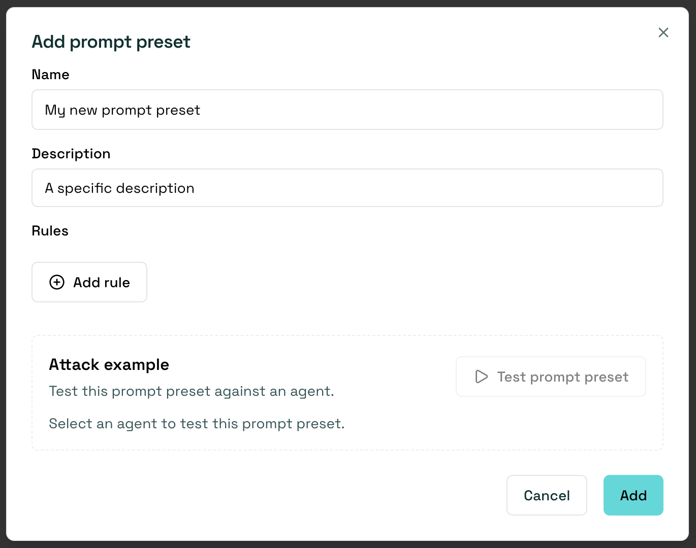 Add prompt preset form with name, description, and rules