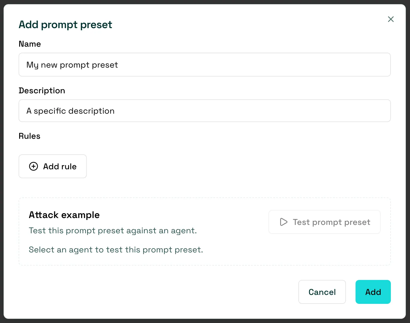 Add prompt preset form with name, description, and rules