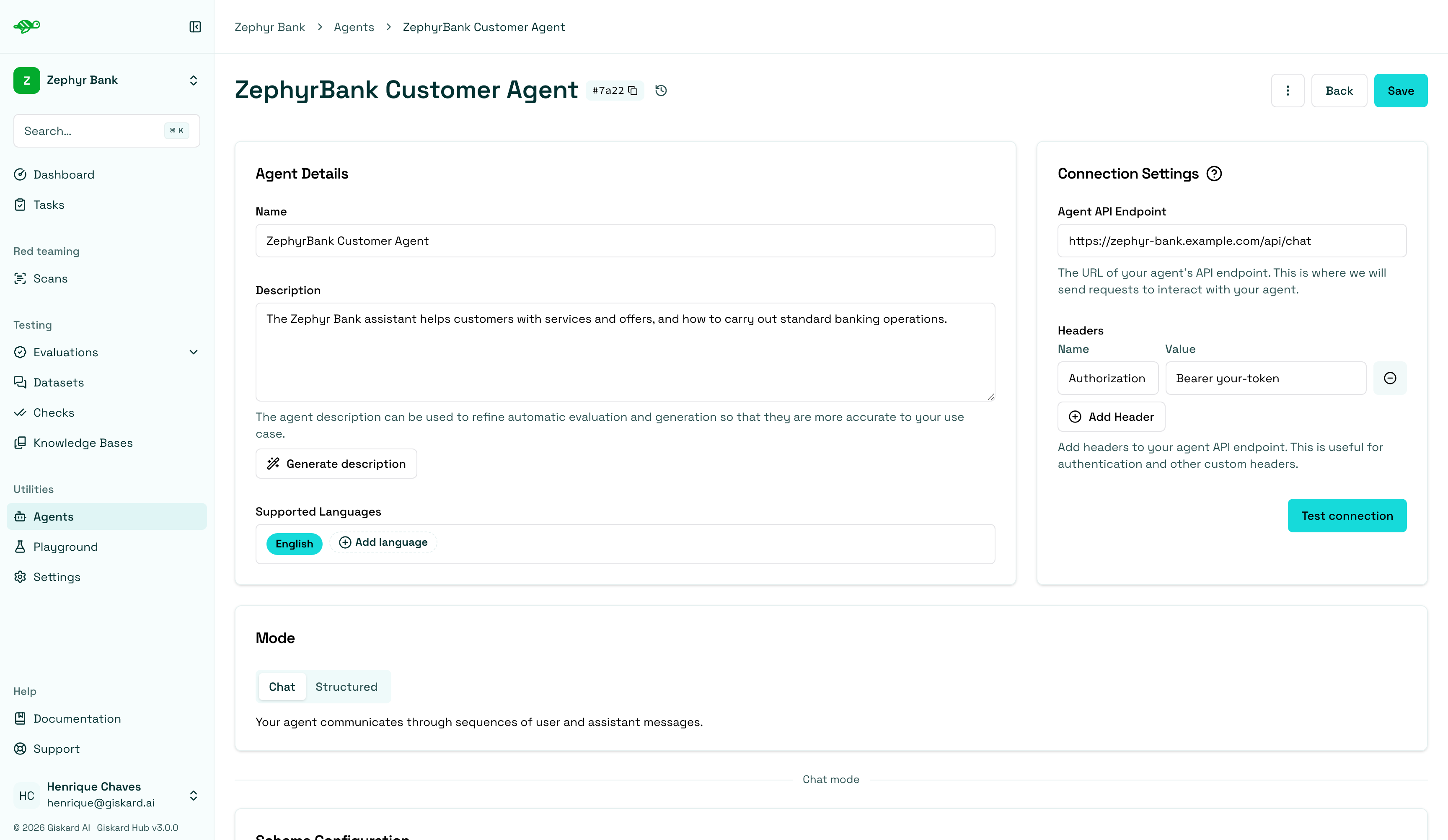 Agent configuration form with API endpoint, headers, and Chat mode