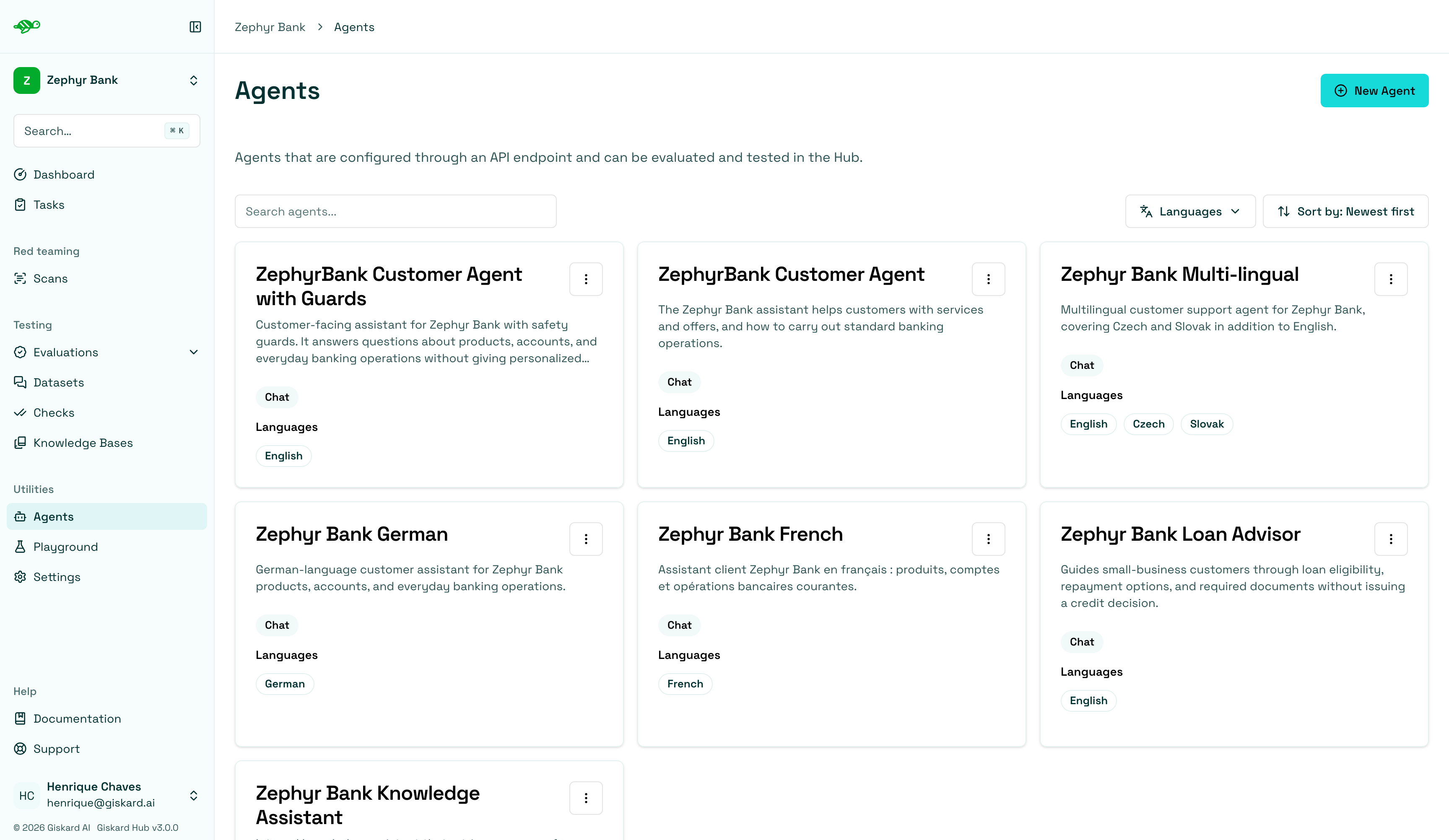 Agent list page with new agent button