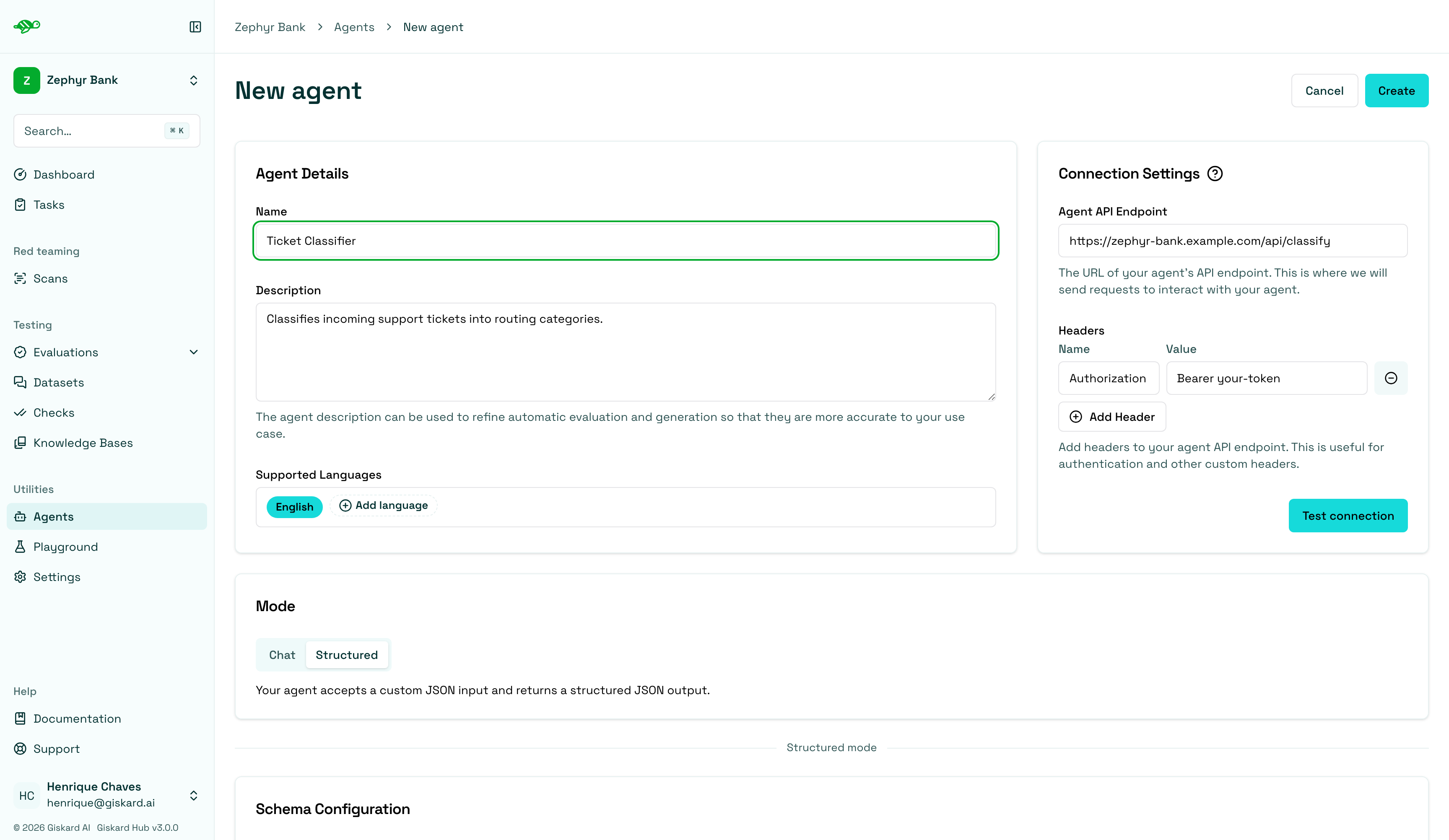 Ticket classifier form with Structured mode selected