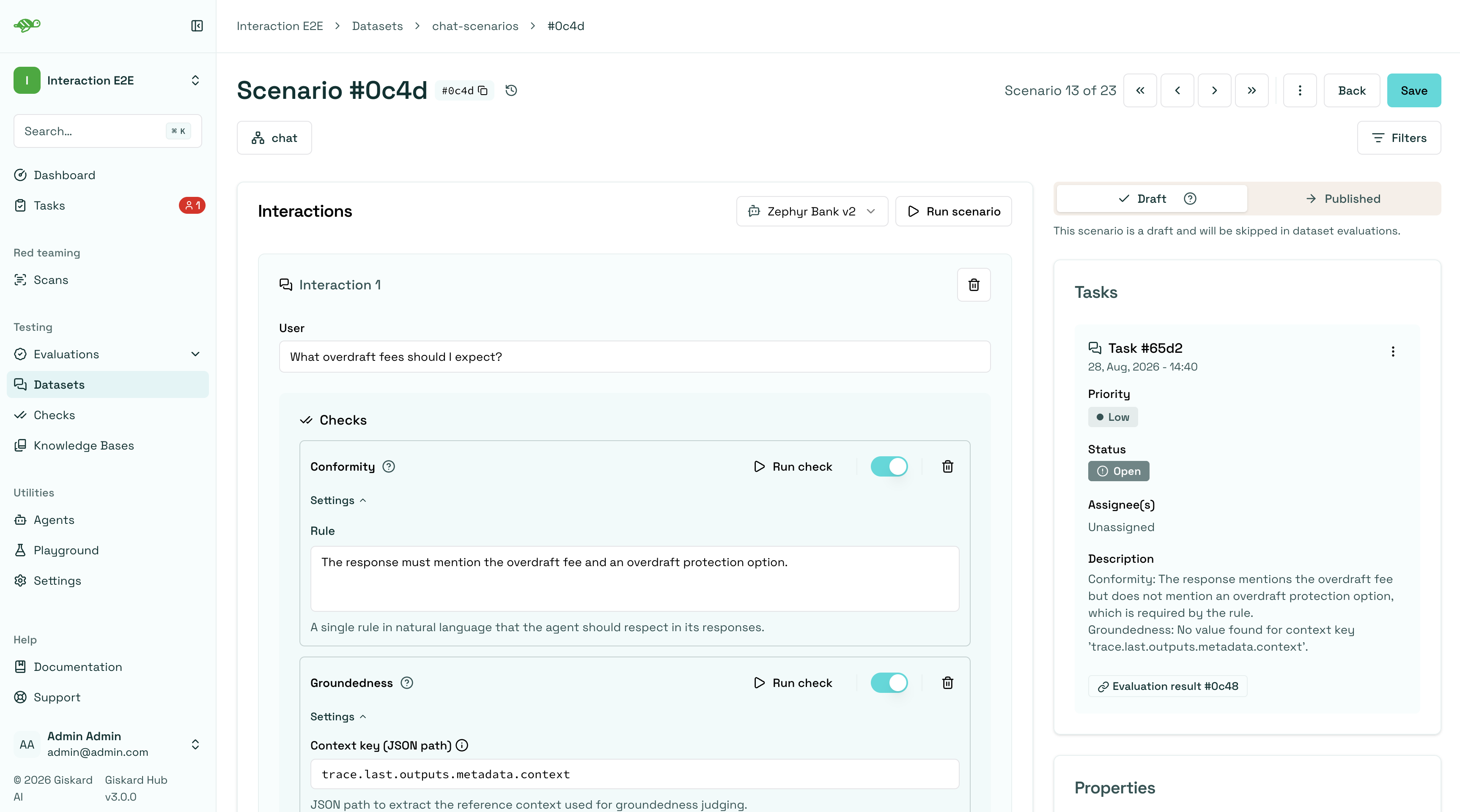 Draft status toggle excluding scenario from evaluations