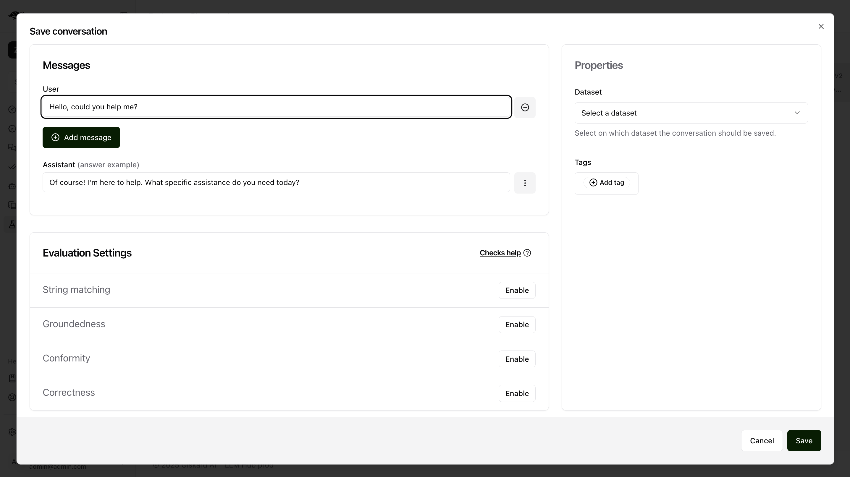"Save conversation to a dataset from the Playground"