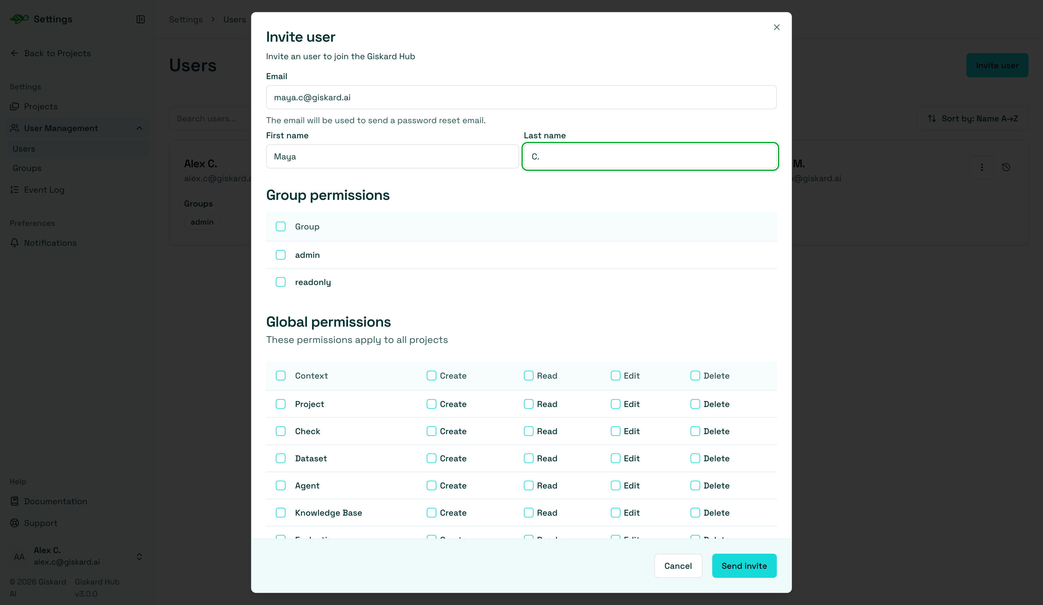 Invite user dialog with email, name, groups, and global permissions