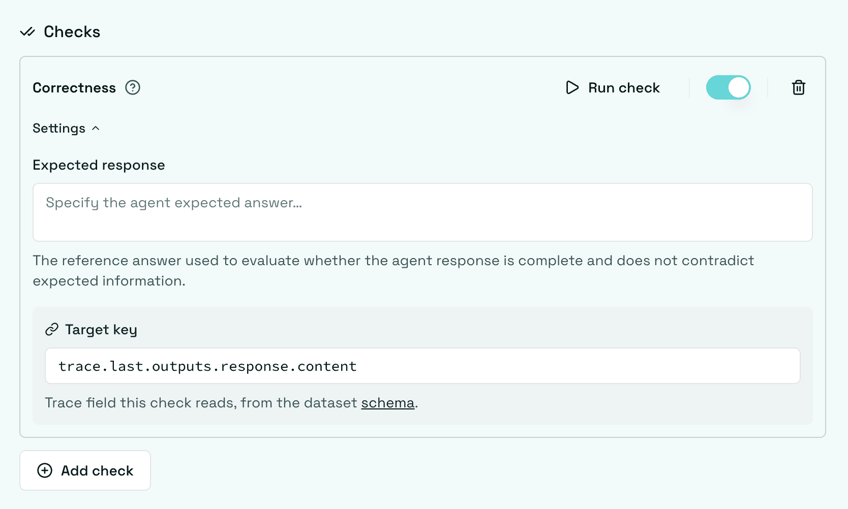 Correctness check configured with an expected response and target key