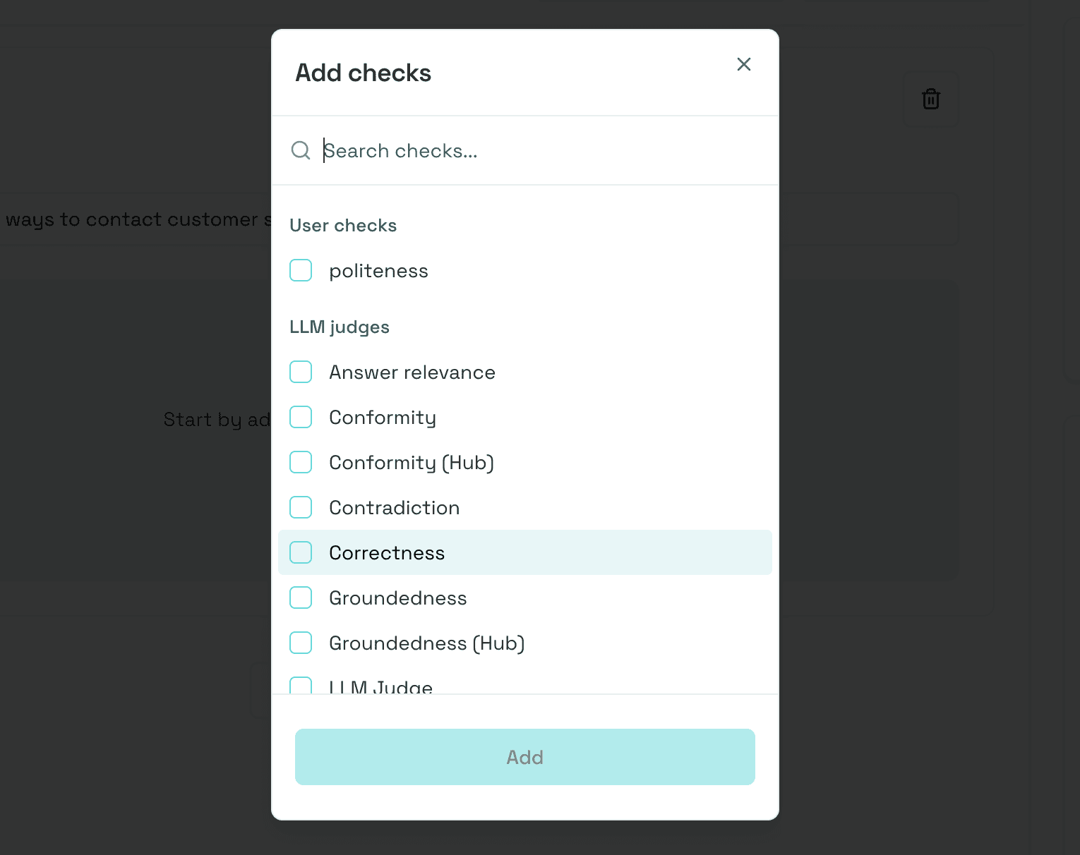 Add checks dialog listing available built-in and custom checks