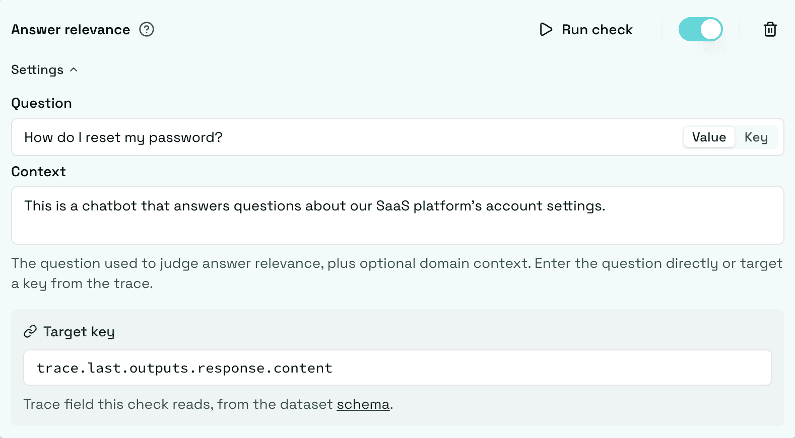 Answer Relevance check configured with a question and context