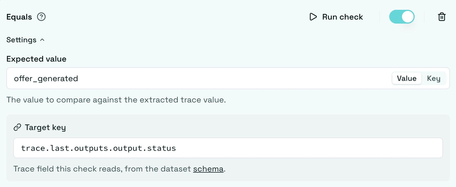 Comparison check configured with an expected value