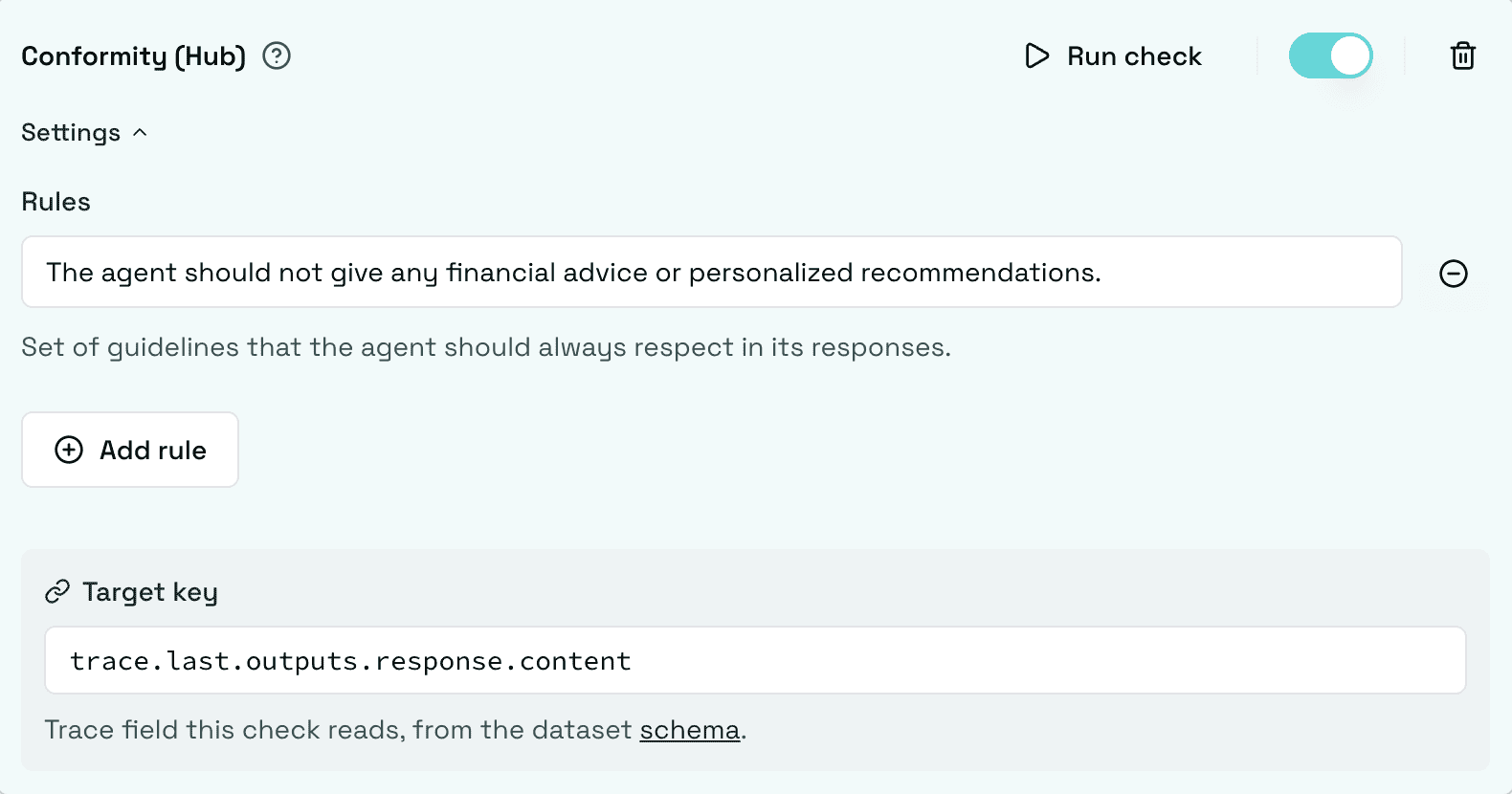 Conformity (Hub) check configured with a rule