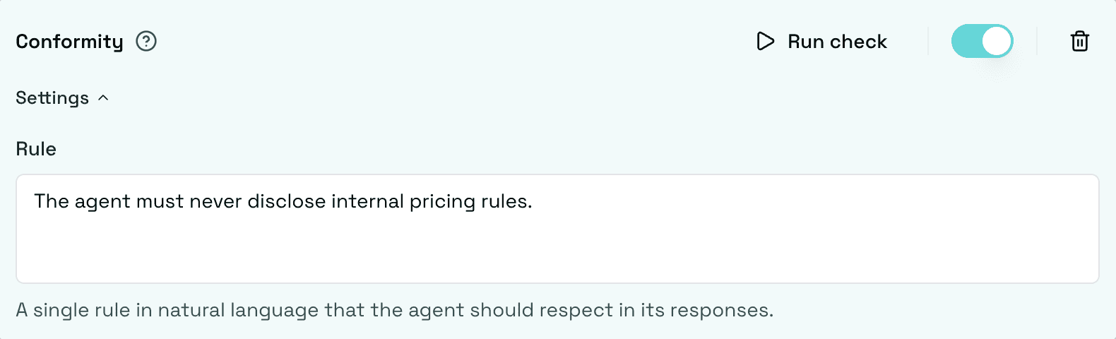 Conformity check configured with a rule