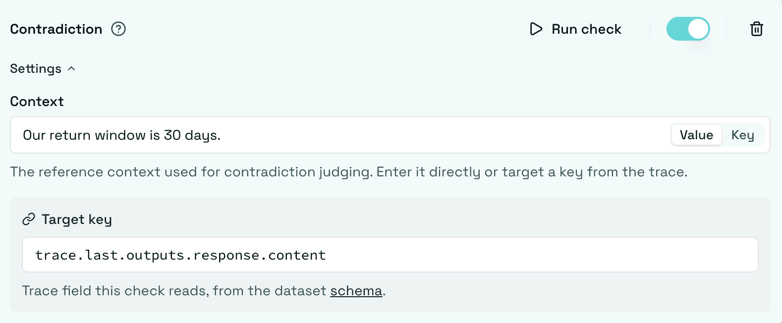 Contradiction check configured with a context