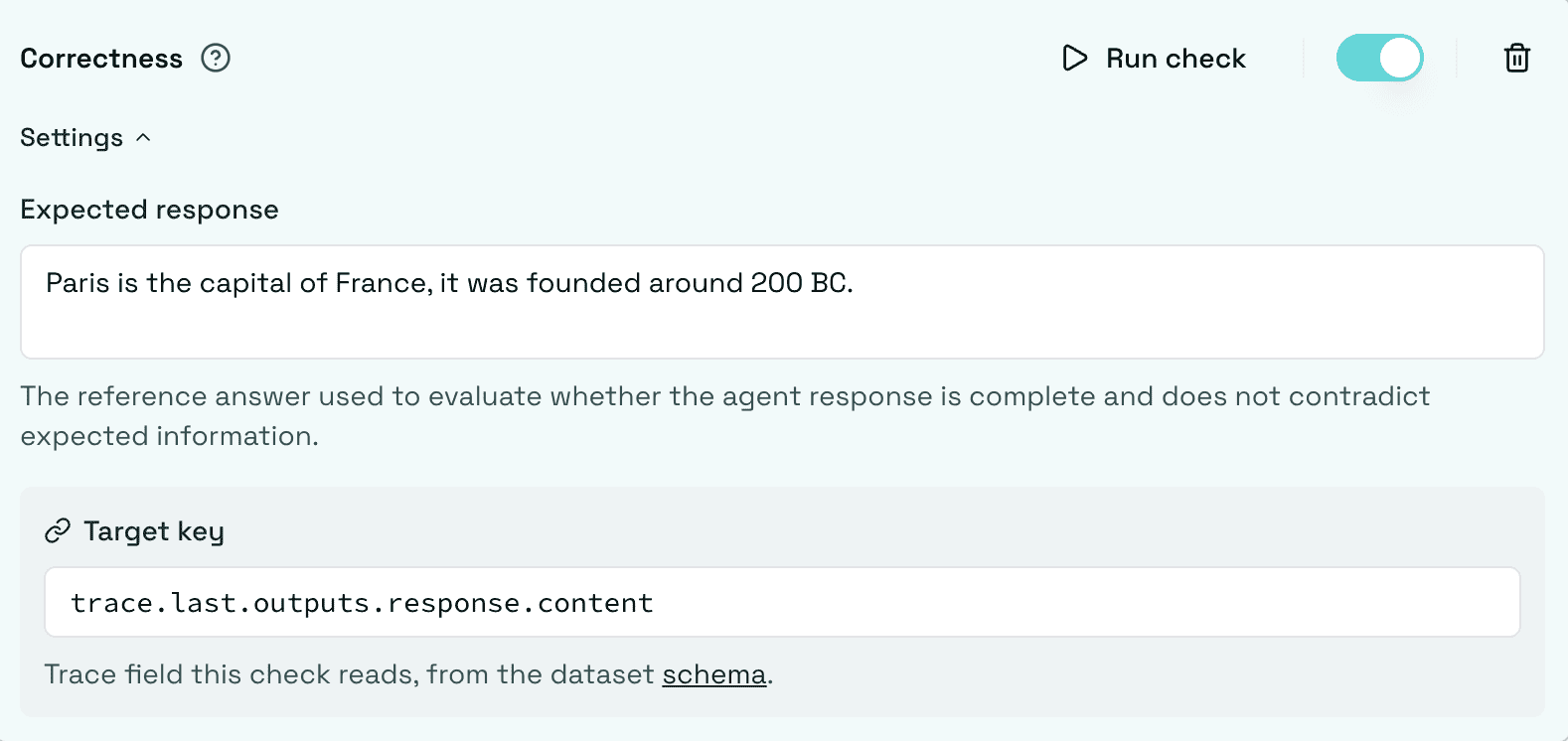 Correctness check configured with an expected response