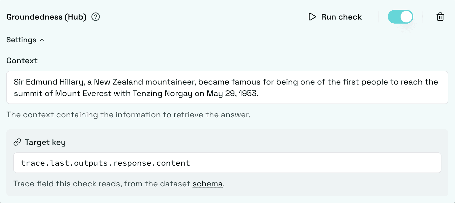 Groundedness (Hub) check configured with a context