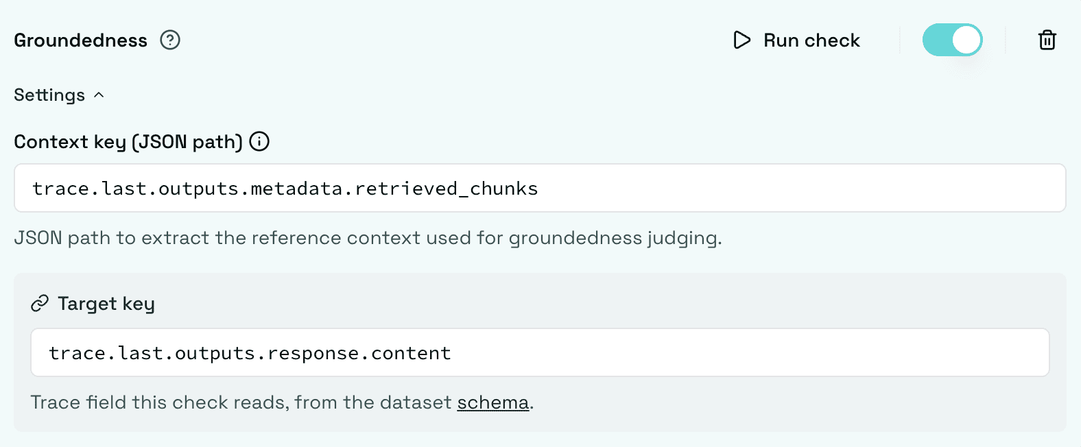 Groundedness check configured with a context key