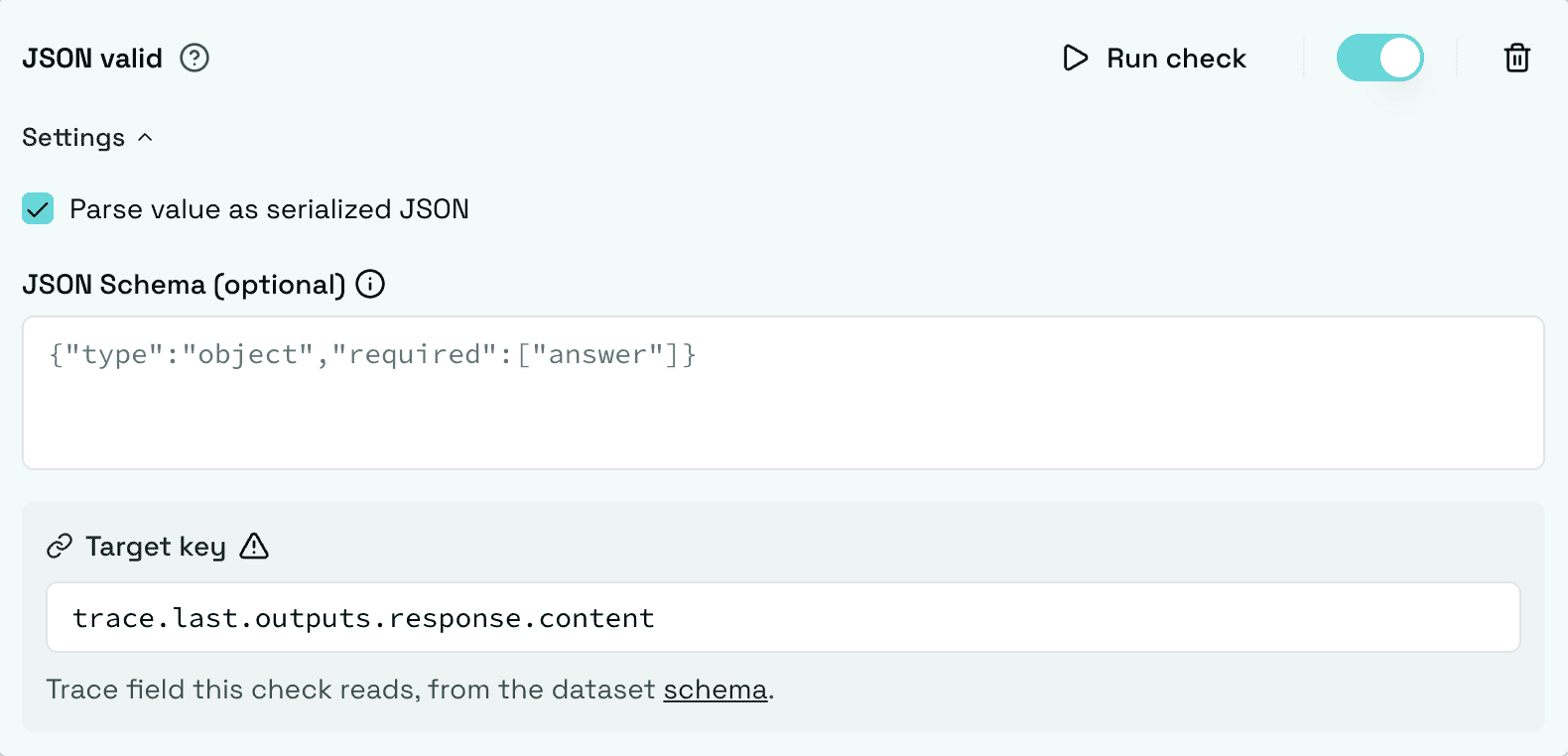 JSON Valid check configured with parse unchecked