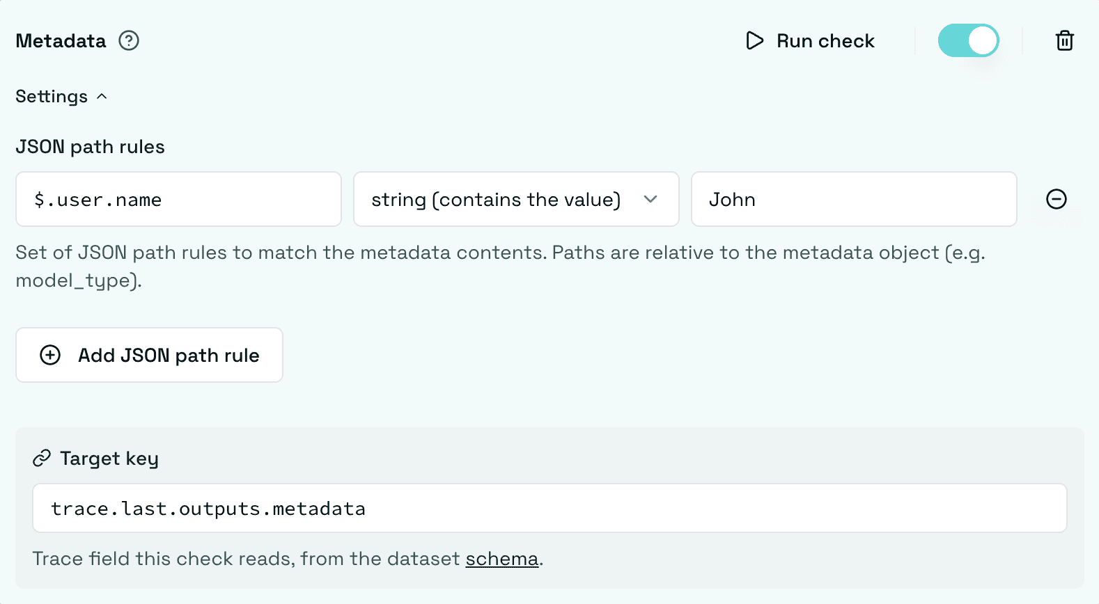 Metadata check configured with a JSON path rule
