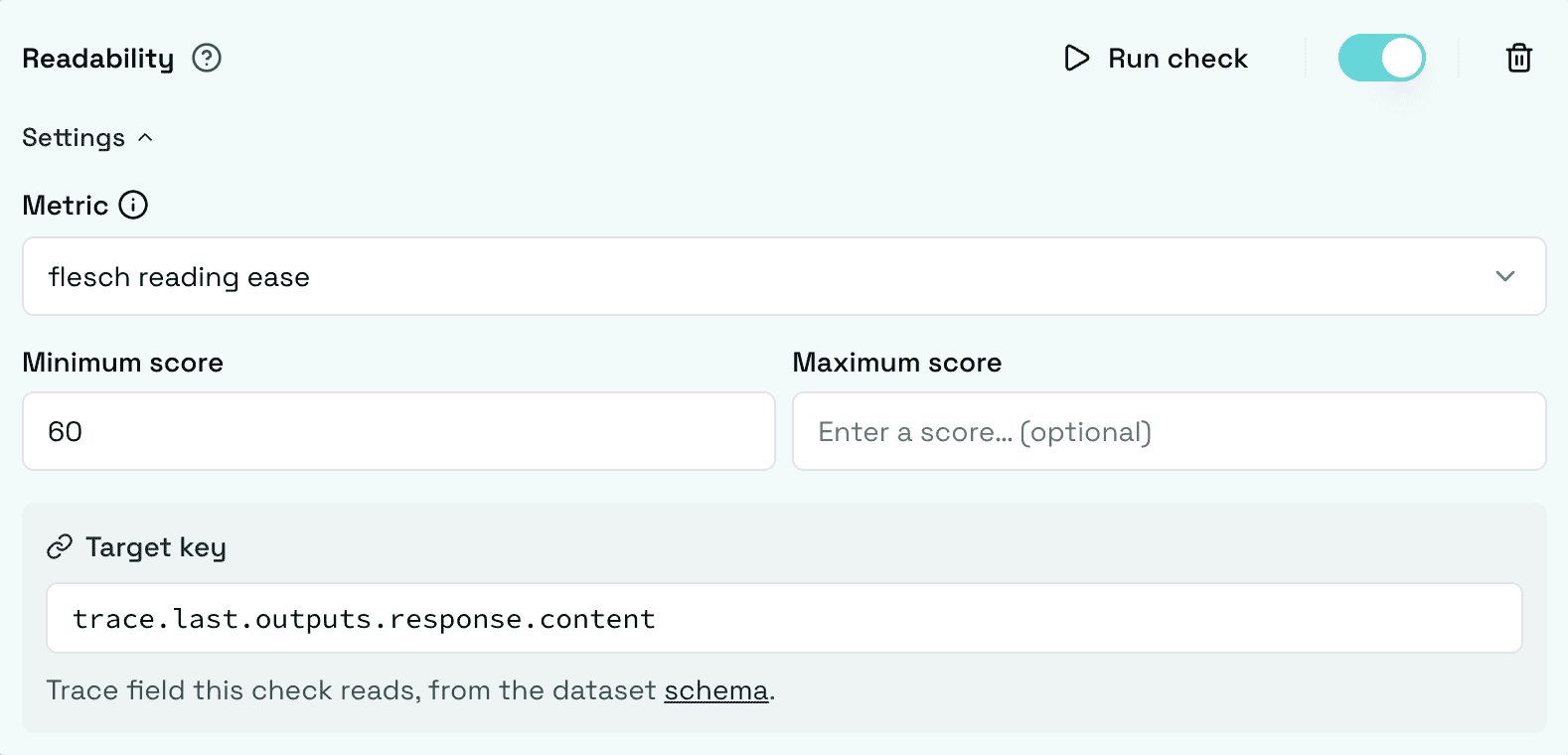 Readability check configured with a metric and minimum score