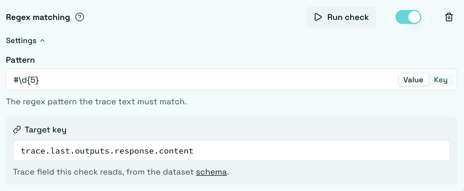 Regex Matching check configured with a pattern