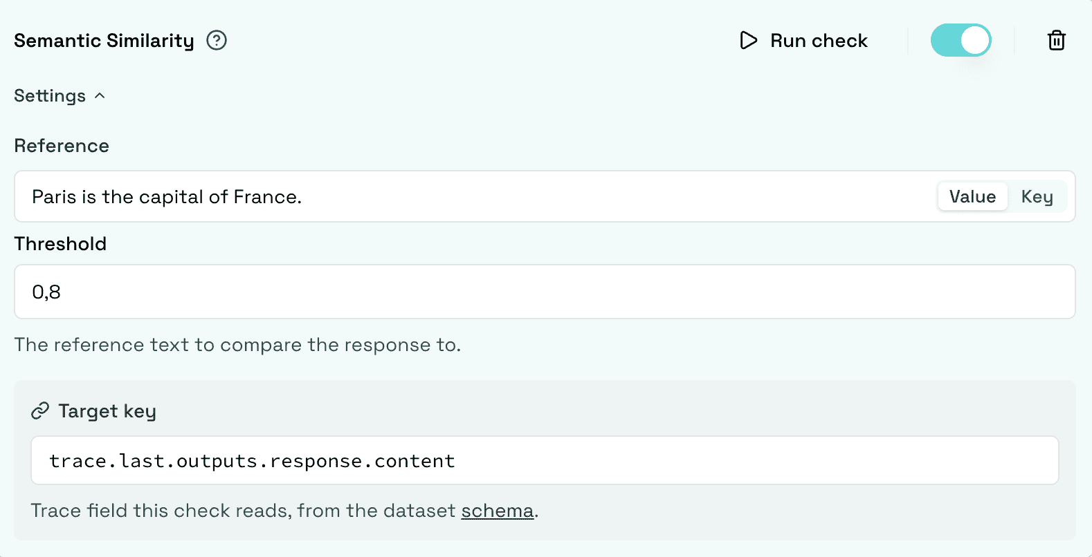 Semantic Similarity check configured with a reference and threshold