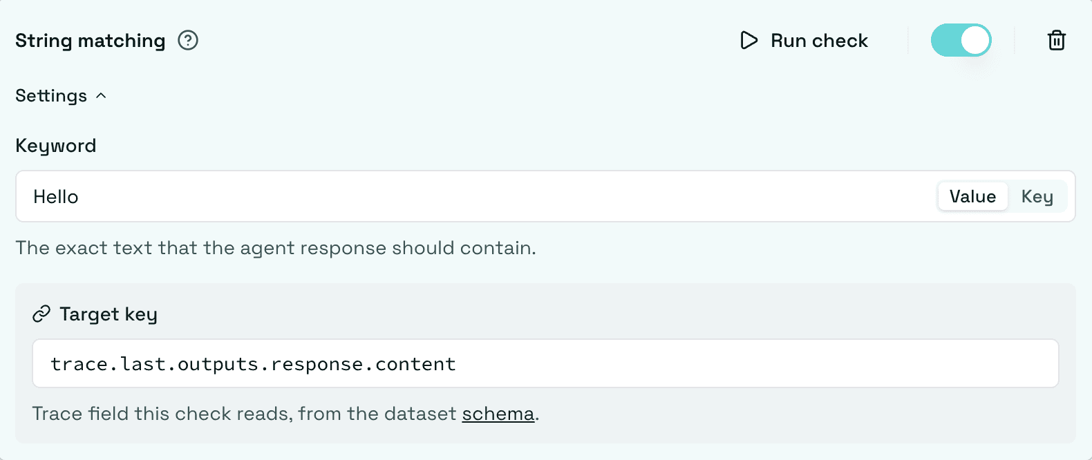String Matching check configured with a keyword