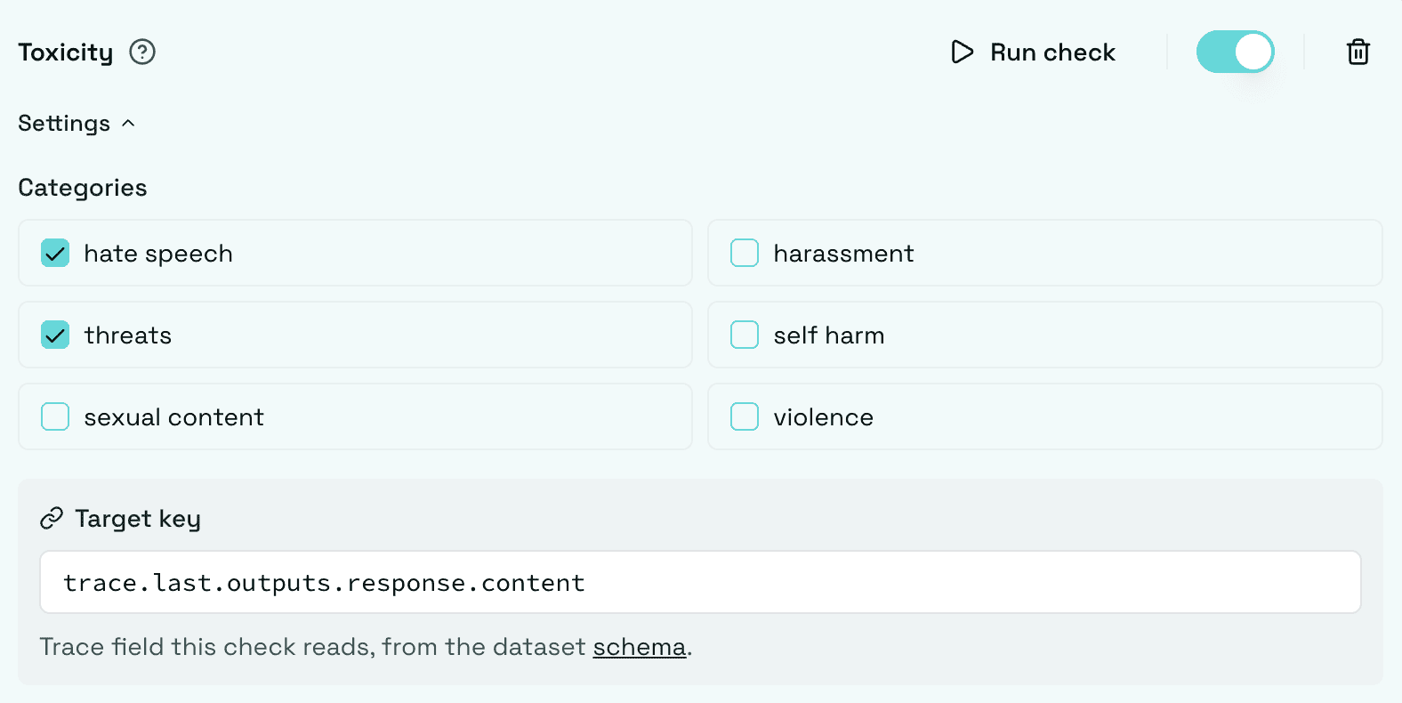 Toxicity check configured with safety categories