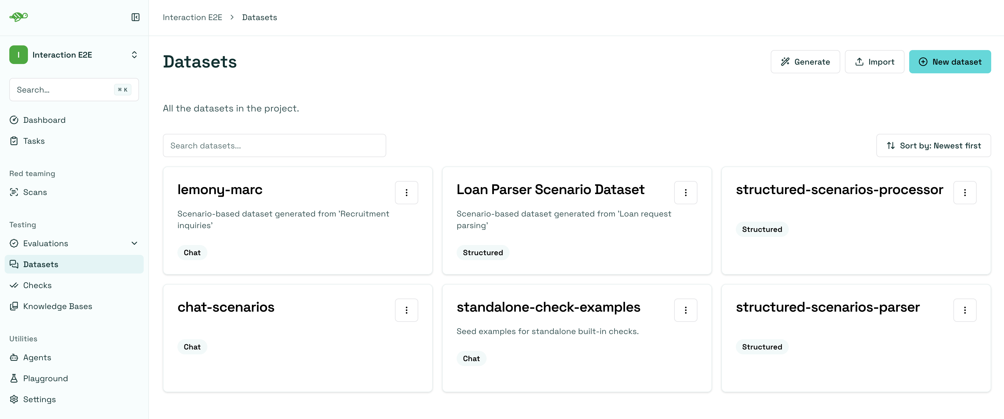 Datasets list with the Import button