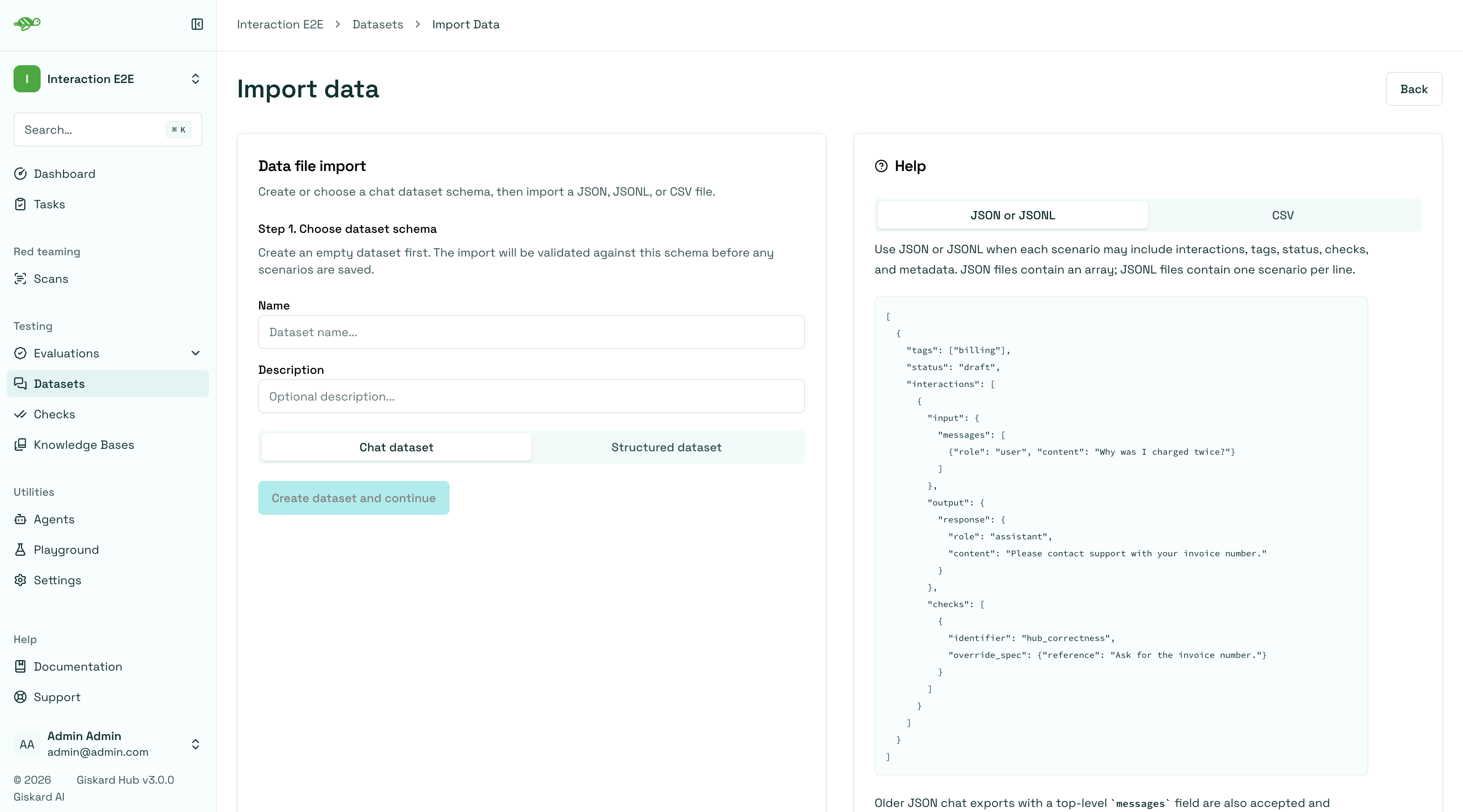 Import flow, step 1: creating a new chat dataset