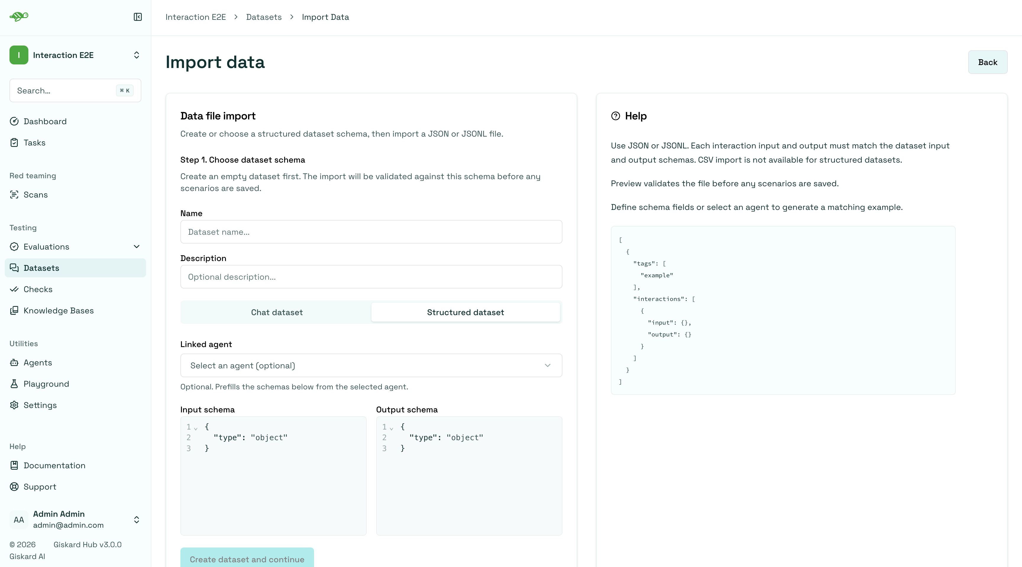 Import flow, step 1: creating a new structured dataset